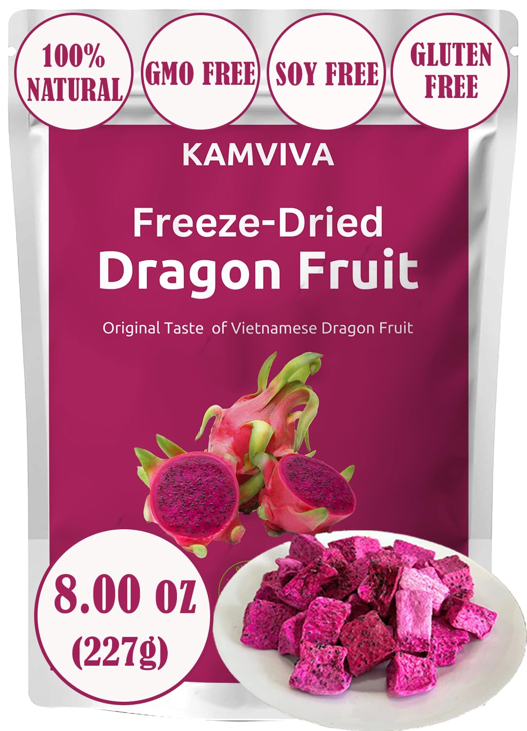 KAMVIVA Vietnam's Freeze Dried Dragon Fruit, 227g/8.0 Oz, 100% Natural, Red Pitaya Dry Pieces, Dragonfruit Cubes, No Sugar Added, Non GMO, Gluten Free, Great for Snack, Drinks, Cereal, Yogurts, Chips