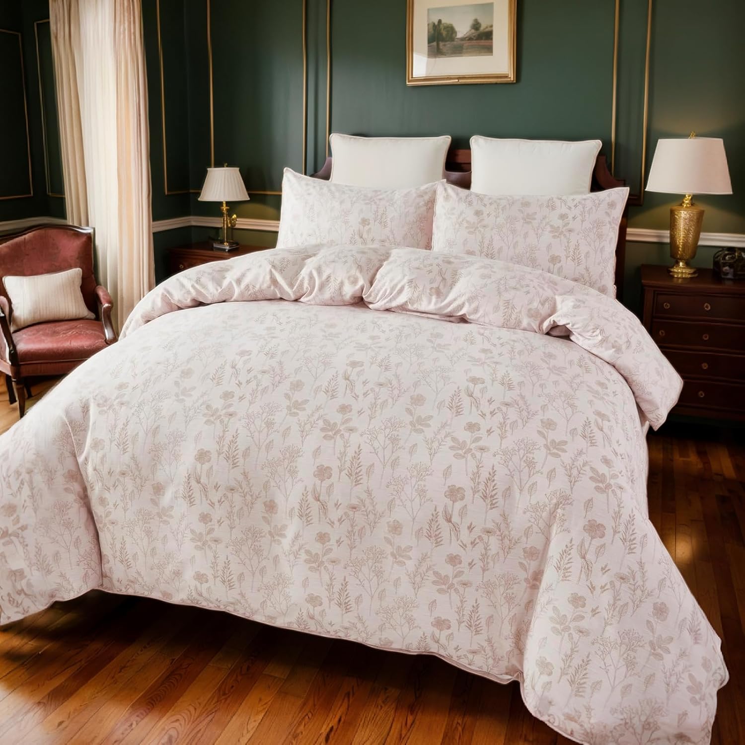 Lemfux Duvet Cover Set Queen Size 3 Pieces Pink Floral Leaf Duvet Cover Set,1x Duvet Cover Queen 90" x 90", 2 x Pillow Covers 20" x 30" Tropical Farmhouse Pink Floral Bedding