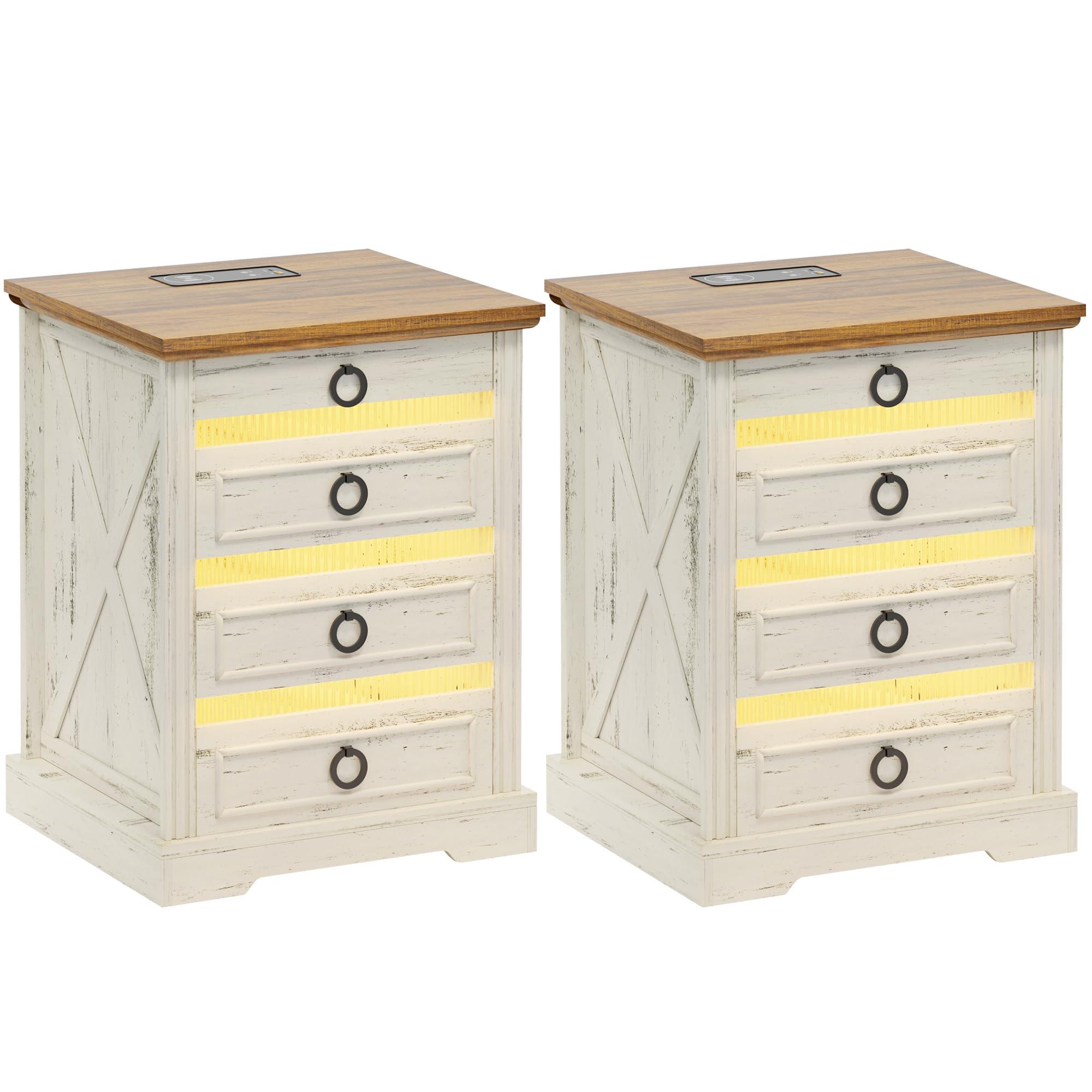 ACTKISS LED Bedside Table Set of 2, Farmhouse Night Stand with Gun Drawer, End Table with Charging Station for Bedroom Living Room, Rustic