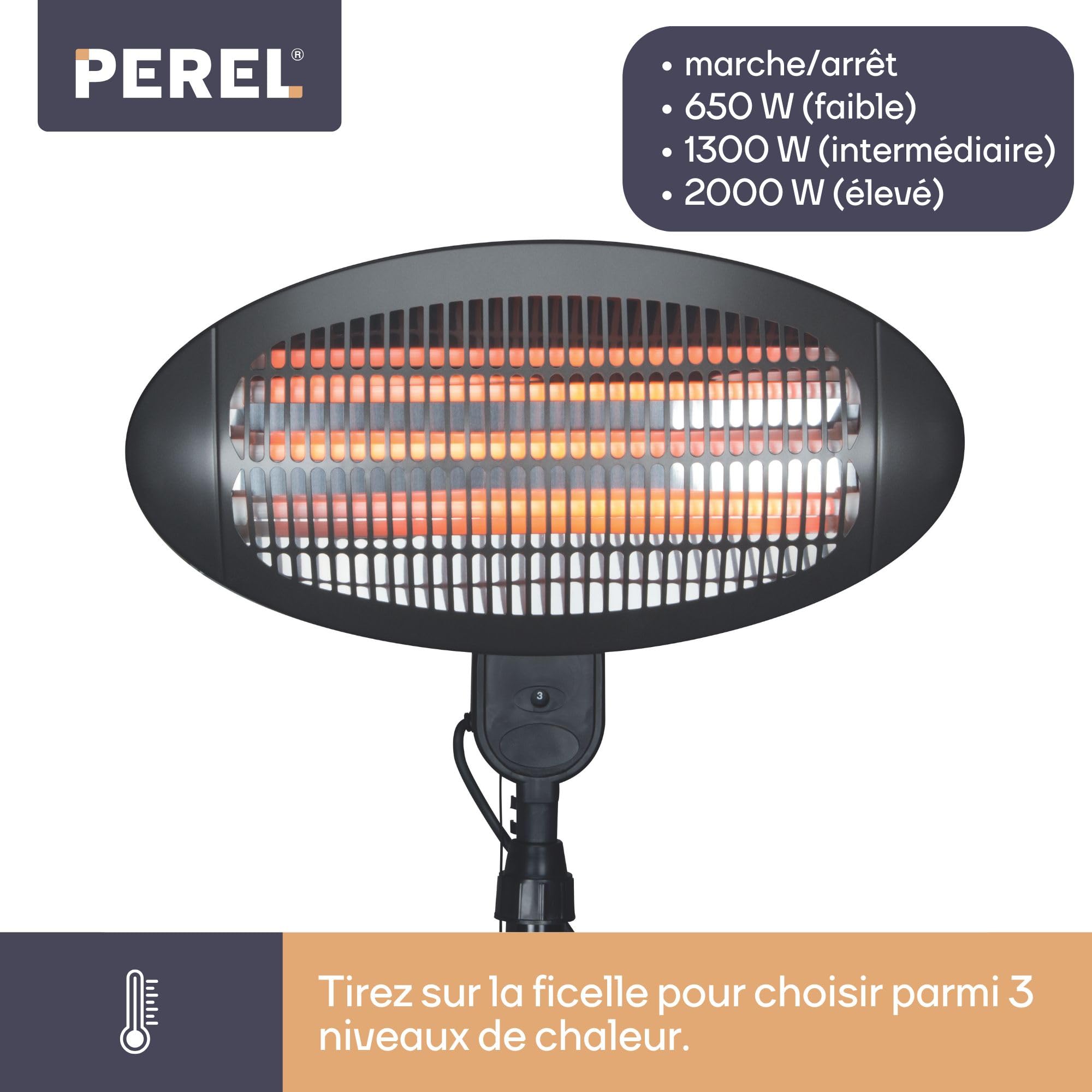 Perel Chauffage de terrasse sur pied 2000 W Quartz Protection anti-basculement 3 niveaux Résistant aux projections d'eau Métal Noir