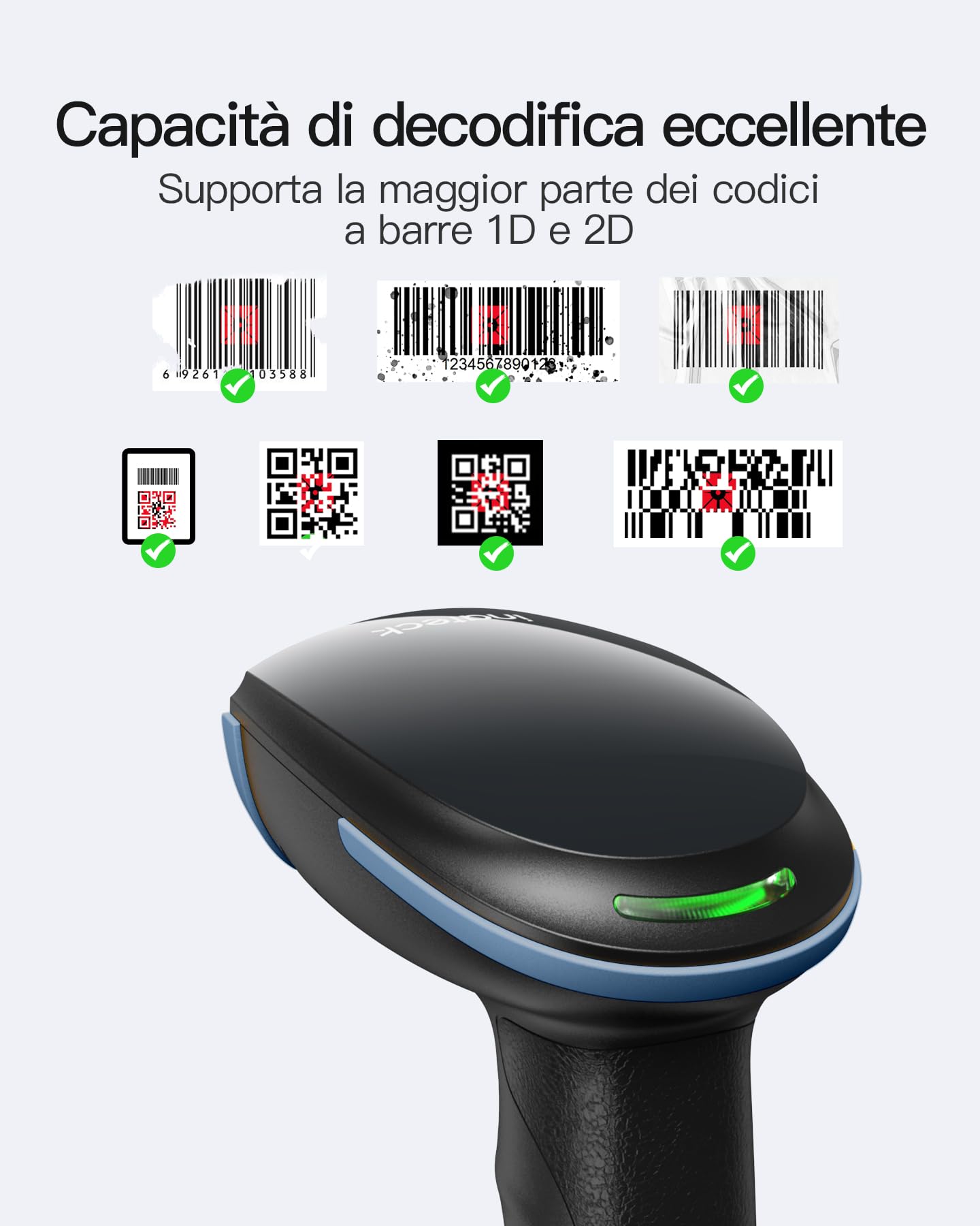 Inateck Lettore di Codici a Barre 1D 2D QR, Pistola Barcode Scanner Wireless, 2600mAh Batteria, Plug and Play per PC Computer Android iOS iPhone, BCST-23, Blu