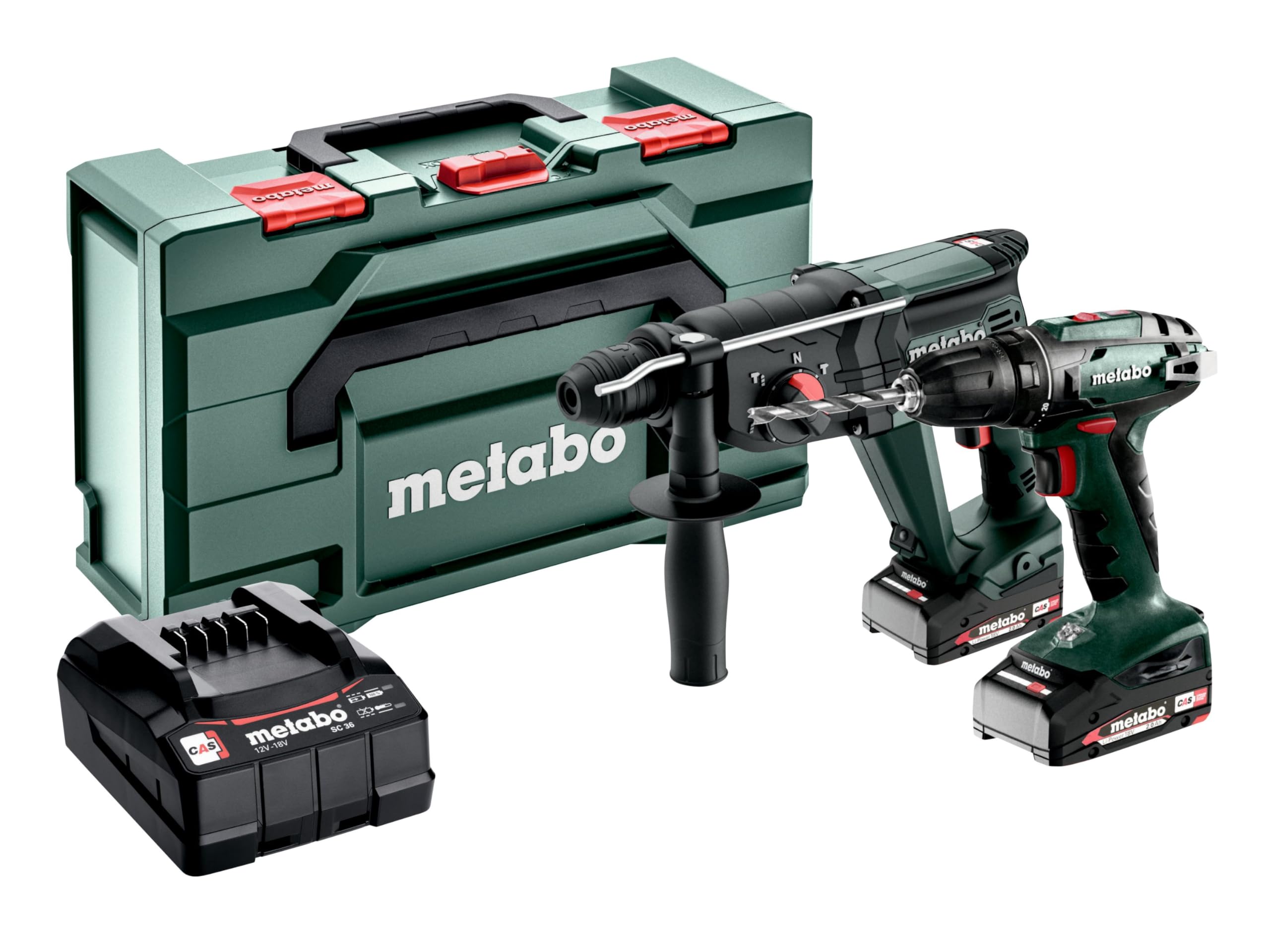 metabo Kit combiné sans fil 2.3.2-18 V - Perceuse-visseuse BS 18, marteau combiné KH 18 LTX 24 - Avec 2 batteries 2,0 Ah, chargeur, metaBOX 165 L et accessoires - Puissant, polyvalent et compact