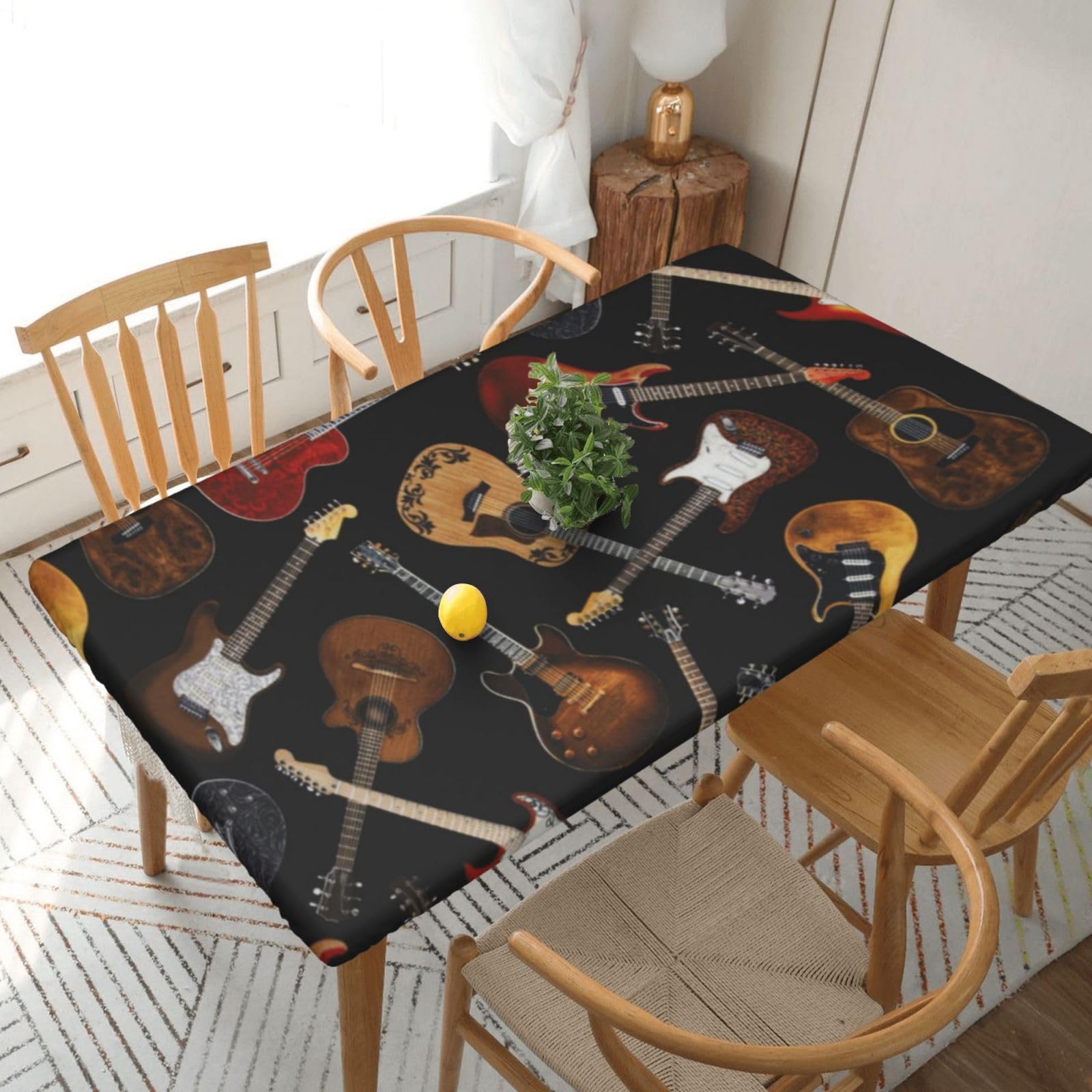 DCEHGEW Elastic Fitted Rectangle Tablecloth for 5ft Tables, Guitars Printed Oilproof & Washable Fabric Picnic Table Cloth Table Covers