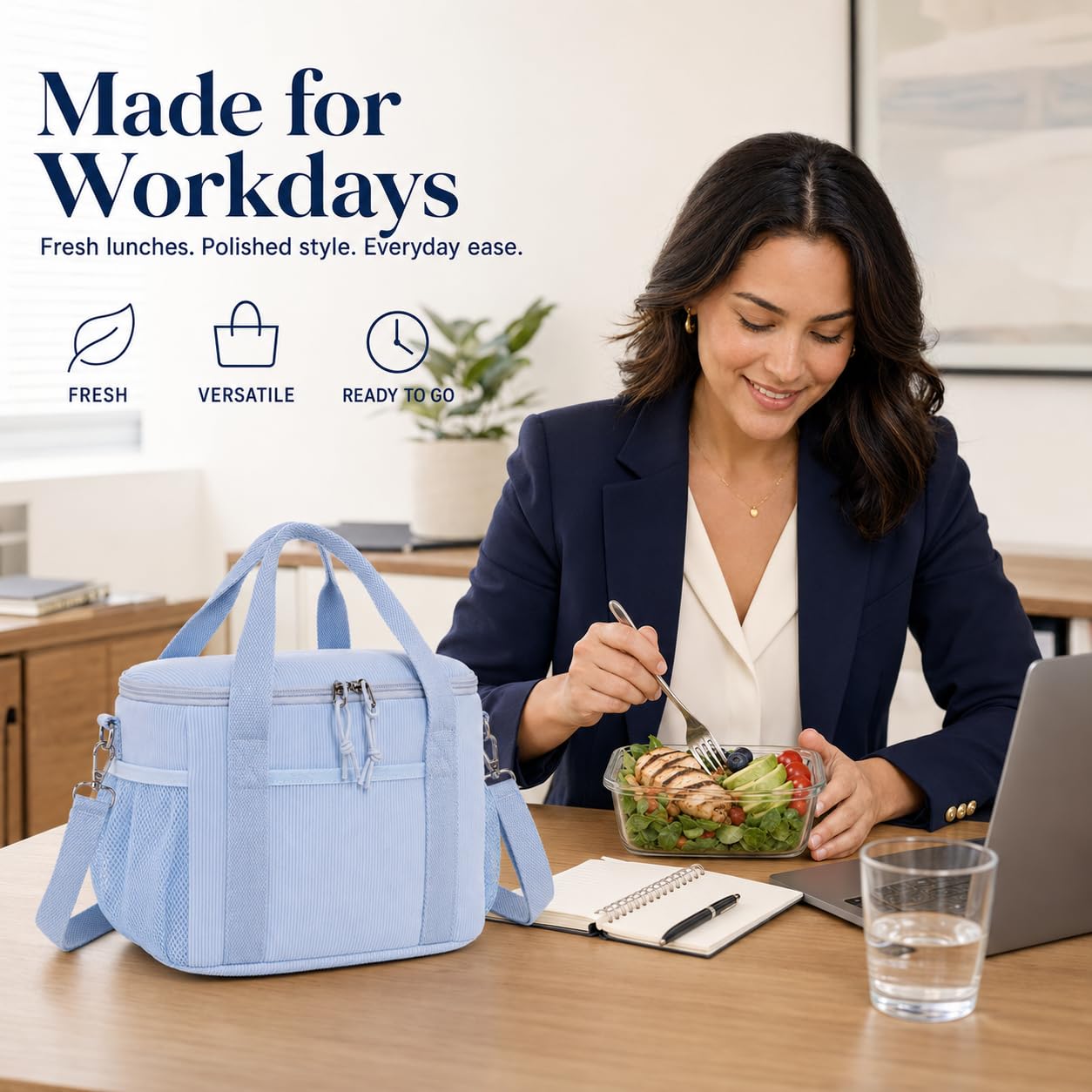 LOIDOU Borsa termica per il pranzo, per donne e uomini, in velluto a coste, a prova di perdite, riutilizzabile, con tracolla regolabile, per lavoro, ufficio, spiaggia, picnic (blu)
