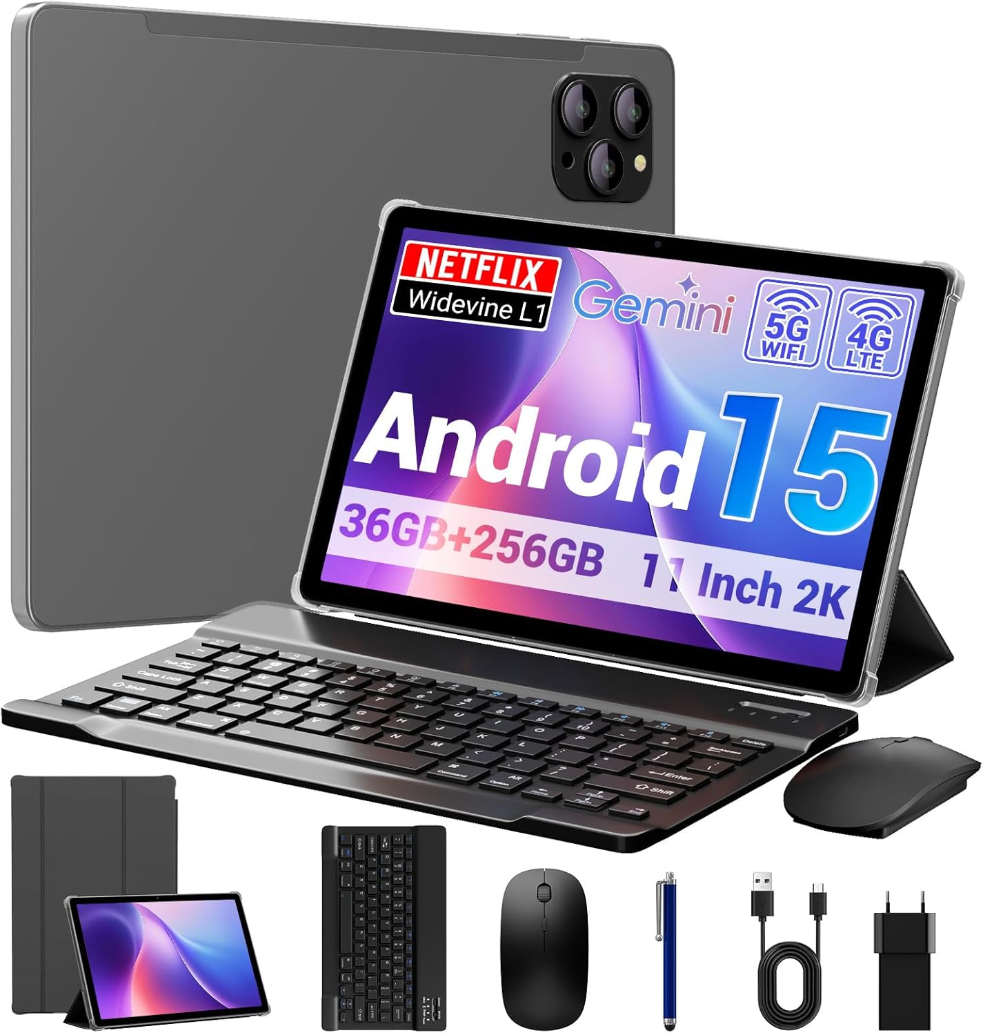 Tablet 11 Pollici Android 15 Tablet in Offerta con 4G LTE/5G WiFi, 36GB RAM+256GB ROM,8000mAh,Foto AI 16MP+8MP,Face ID/GPS/BT 5.0/TÜV,tablets con Tastiera,Grigio
