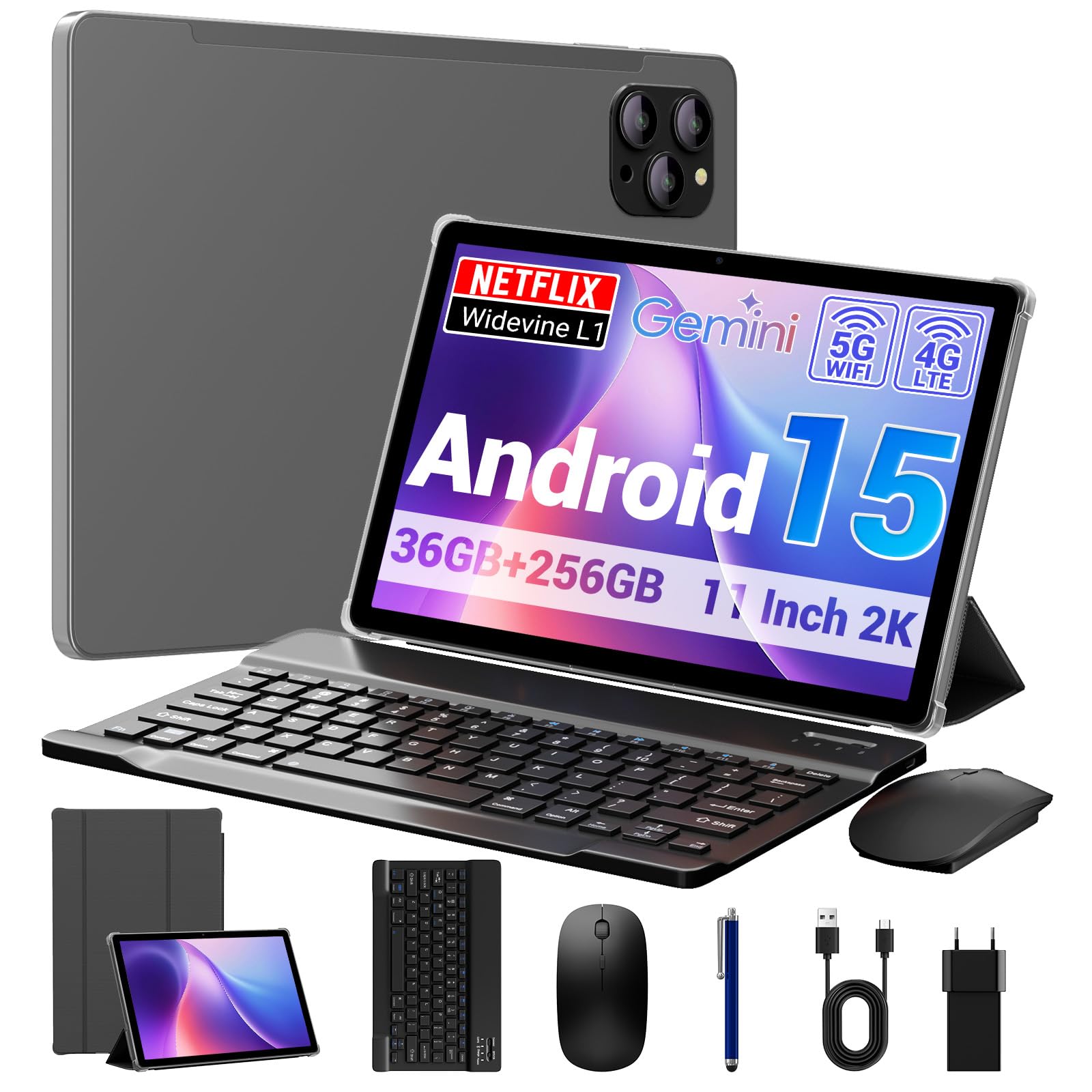 BEYNIVAN Tablet 11 Pollici Android 15 Tablet in Offerta con 4G LTE/5G WiFi, 36GB RAM+256GB ROM,9580mAh,Foto AI 16MP+8MP,Face ID/GPS/BT 5.0/TÜV,tablets con Tastiera,Grigio