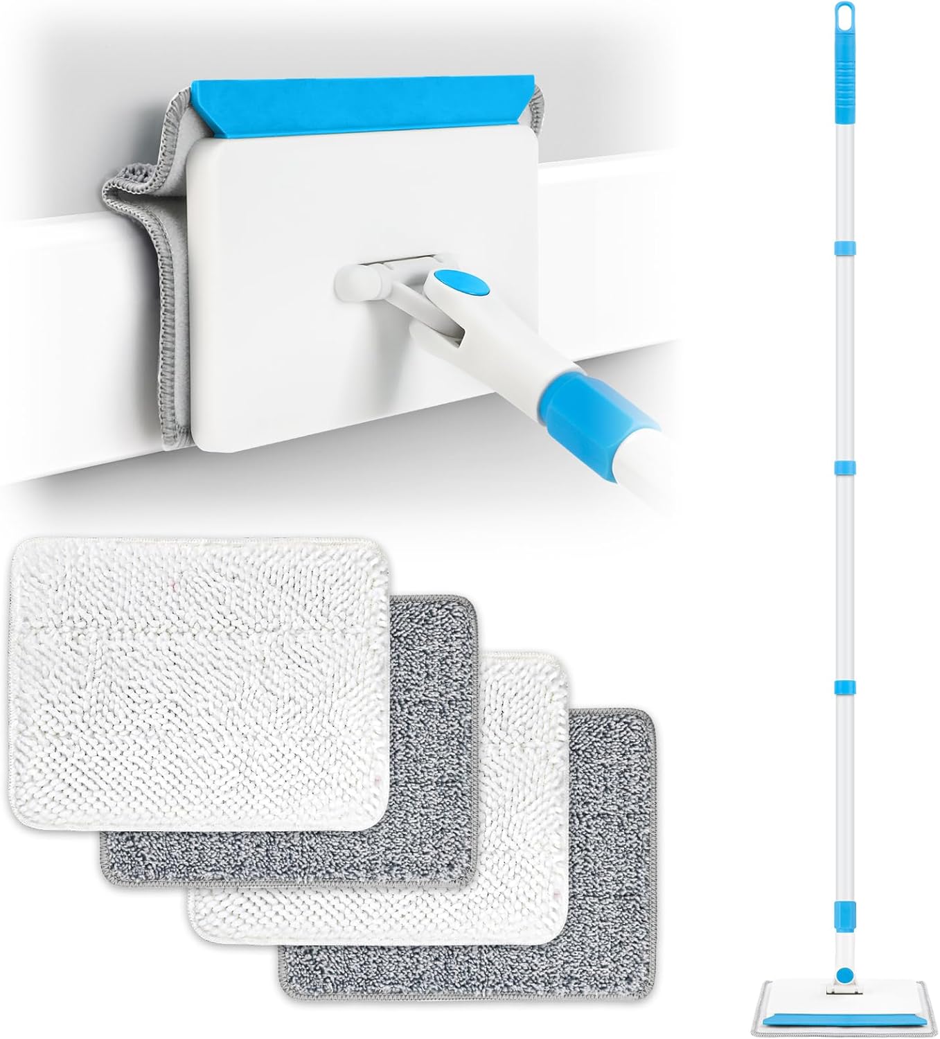 Cleaning Tools for Baseboard, Baseboard Cleaner Tool with Handle, 4 Reusable Cleaning Pads Wall Cleaner for Baseboards Cleaning, Ceiling, Wall, Floor, Shower Bathroom Kitchen