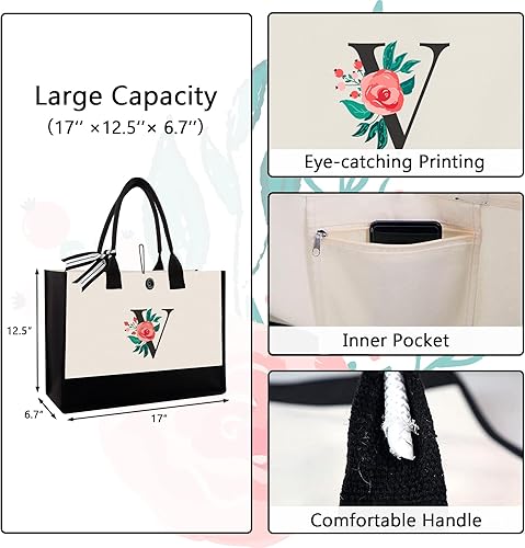 Miniatura 97 de Initial Canvas Tote Bag, Personalized Birthday Gifts for Women Mom Friends Teachers, Monogrammed Tote Bags Suitable for Mother's Day Wedding Beach