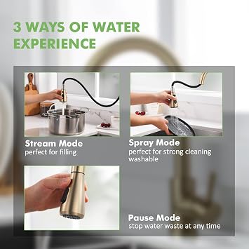 Gold Sink Faucet, Gold Kitchen Faucet with Pull Down Sprayer Stainless Steel Gooseneck for Commercial Camper RV Farmhouse Bar Sink Single Hole Brushed Gold Kitchen Faucet and 1/2 Female Adapters
