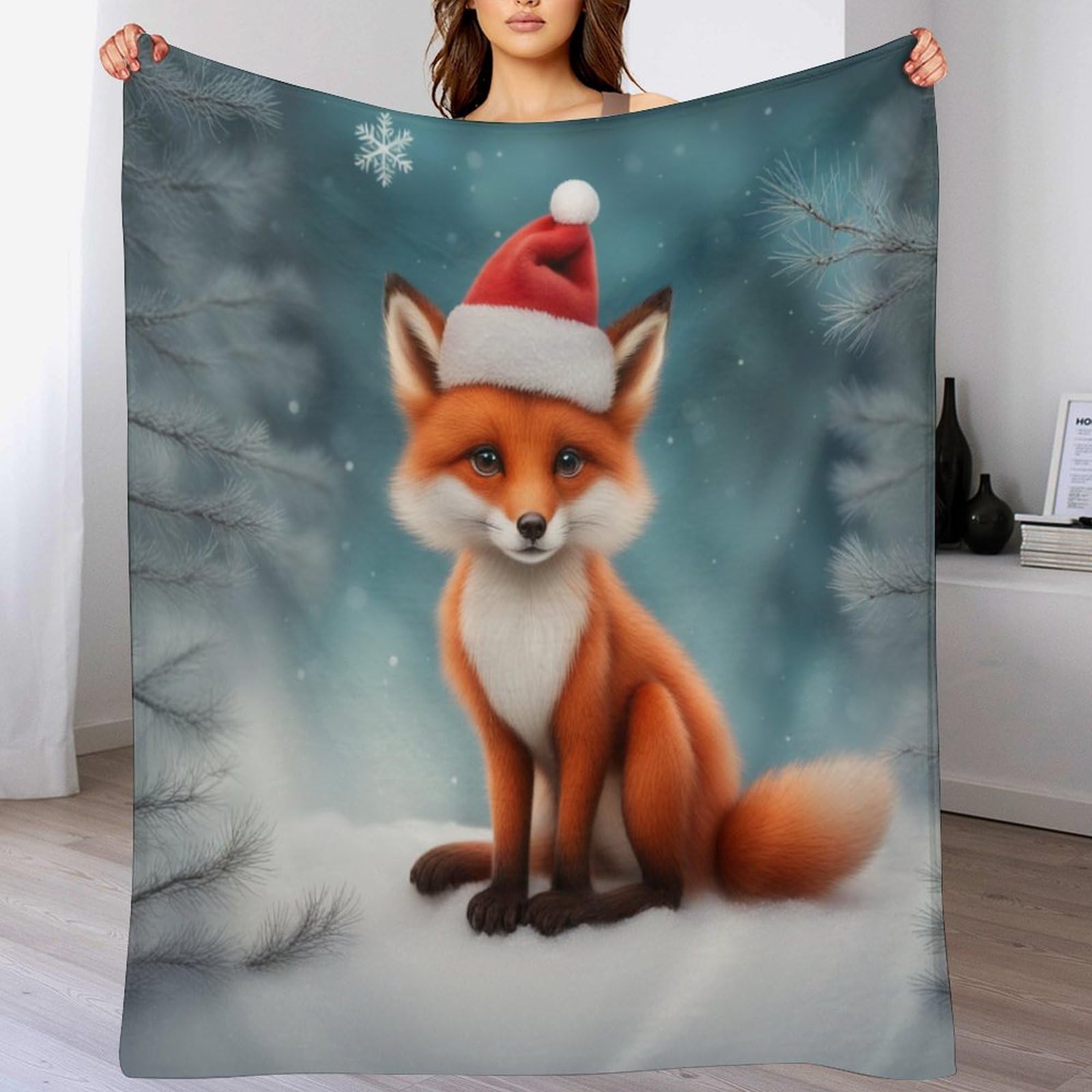 Couvertures de lit flannel chaude jeté de canapé renard de Noël 100x130 anti-plis