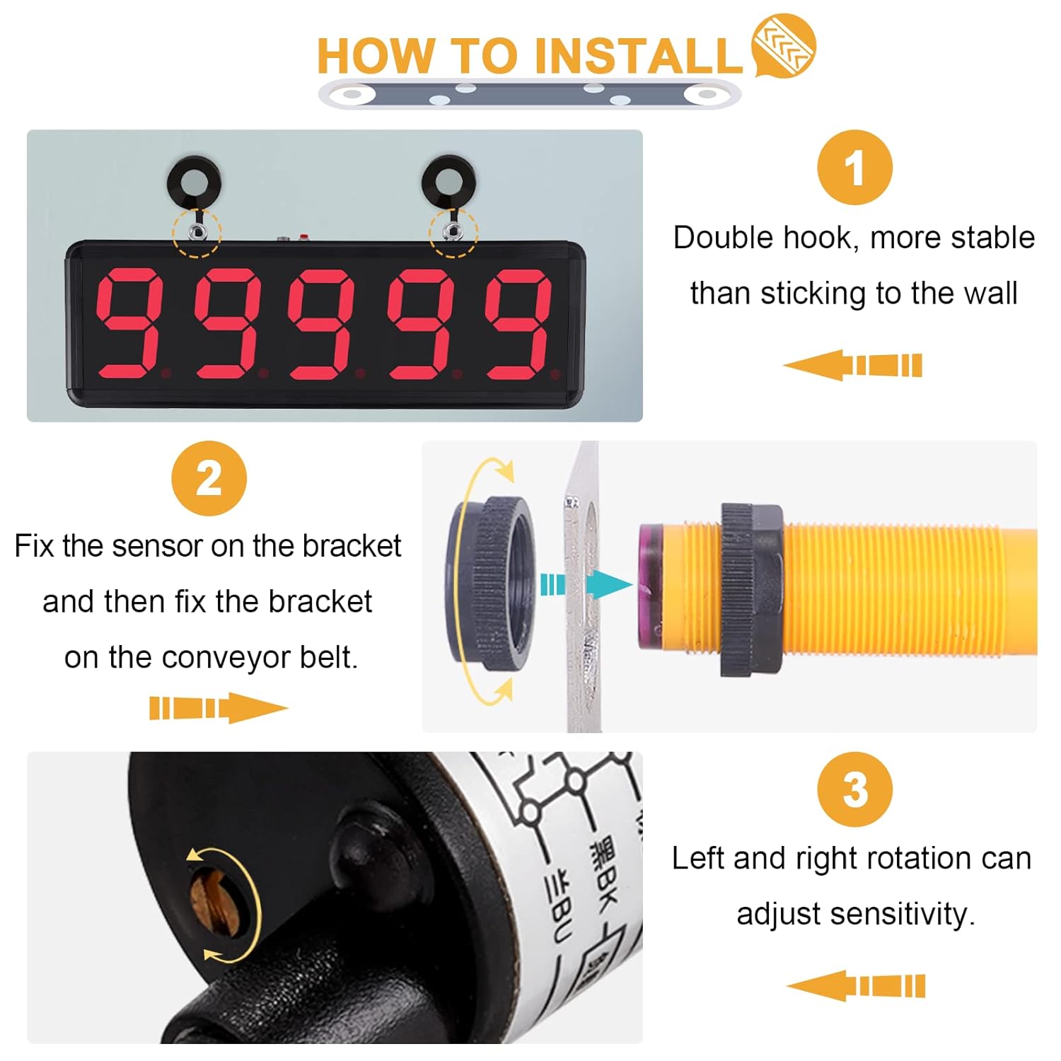 Automatic Digital Conveyor Counter – Up to 99999 Counts, Infrared Sensor, Large LED Display, Wall-Mountable Tally Counter for Factory Assembly Lines Input 100-240V