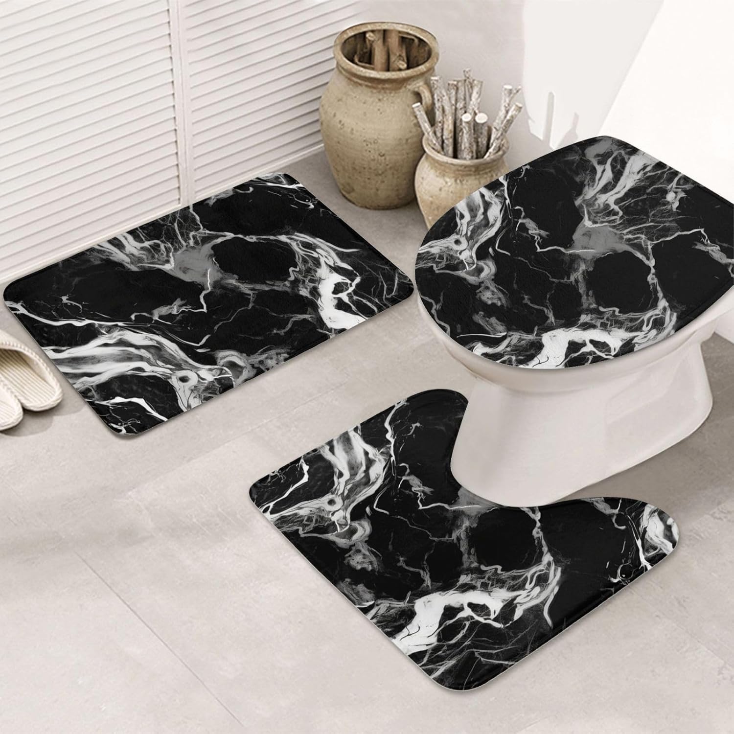 Black and White Marble Print Bathroom Rugs Sets 3 Piece Non Slip Quick Dry Bath Mat Soft Absorbent Plush Bath Carpet Shaggy Bath Mats Machine Washable Bath Mats for Bathroom Tub Shower Kitchen