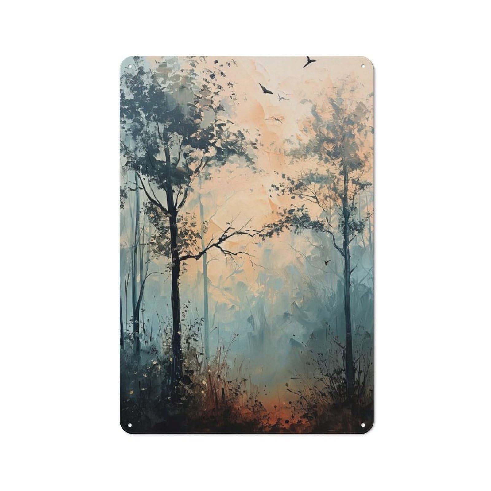 Junmoney Style-23 Industrial Metal Sign With Misty Forest Painting With Birds Design 30X20cm, Modern Retro Loft Wall Plaque For Workspace, Cafe, Hallway Or Garage