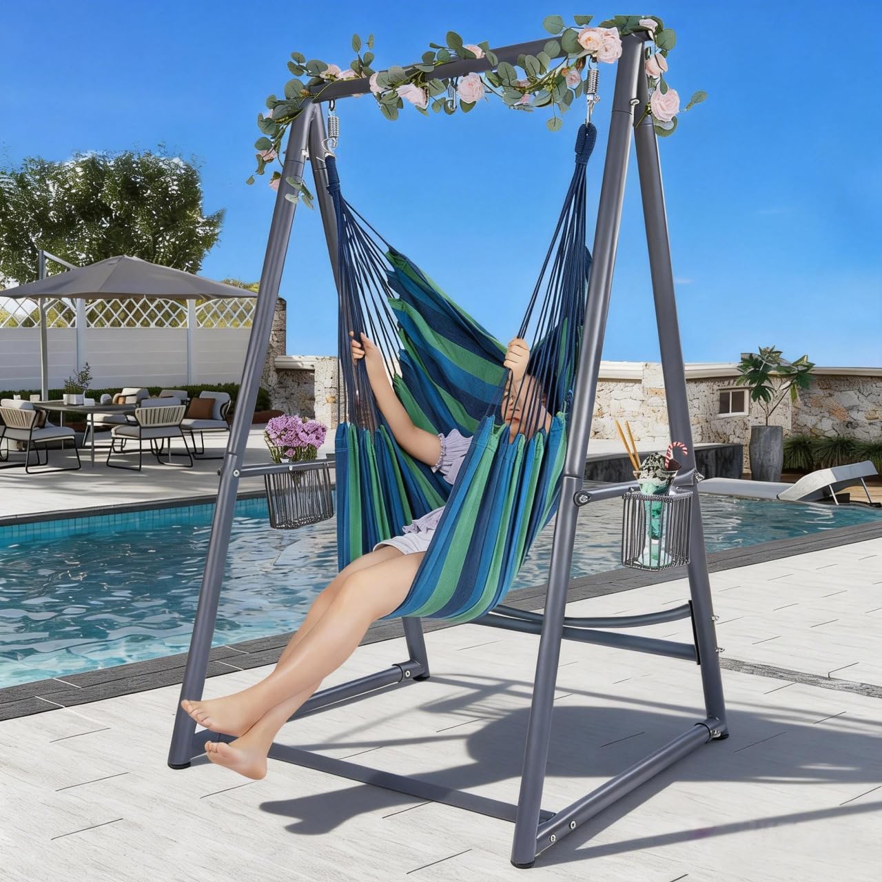 Hammock Chair Hanging Rope Swing & Stand Set with Two Holders, Heavy Duty Hanging Stand with Three Hooks, Multi-Use for Indoor Outdoor Patio Yard Garden(Grey & Blue)