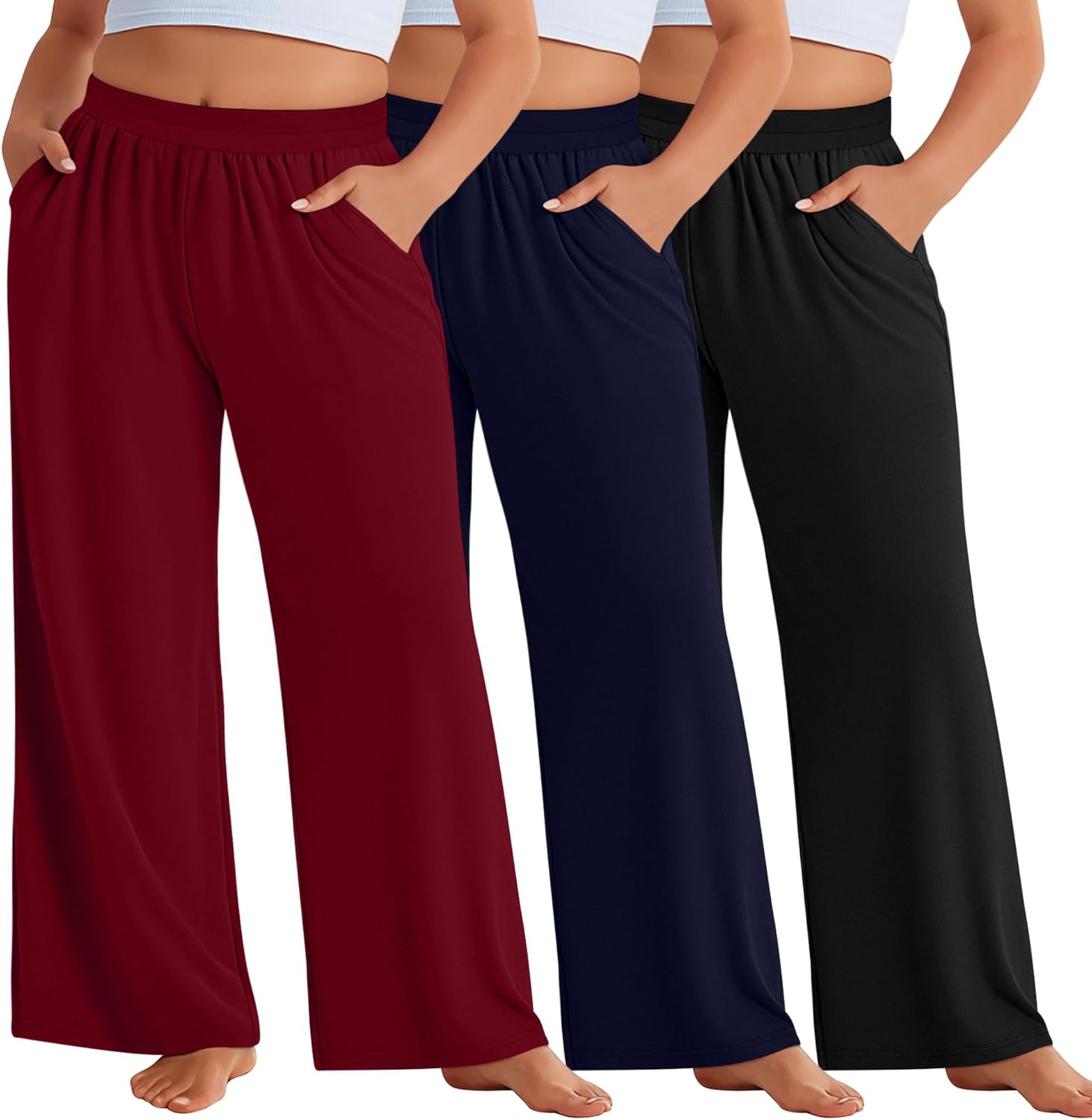 Evervibe 3 Pack Women Plus Size Wide Leg Pants Loose Fit Palazzo Lounge Yoga Sweatpants High Waist Casual Pajamas Pants
