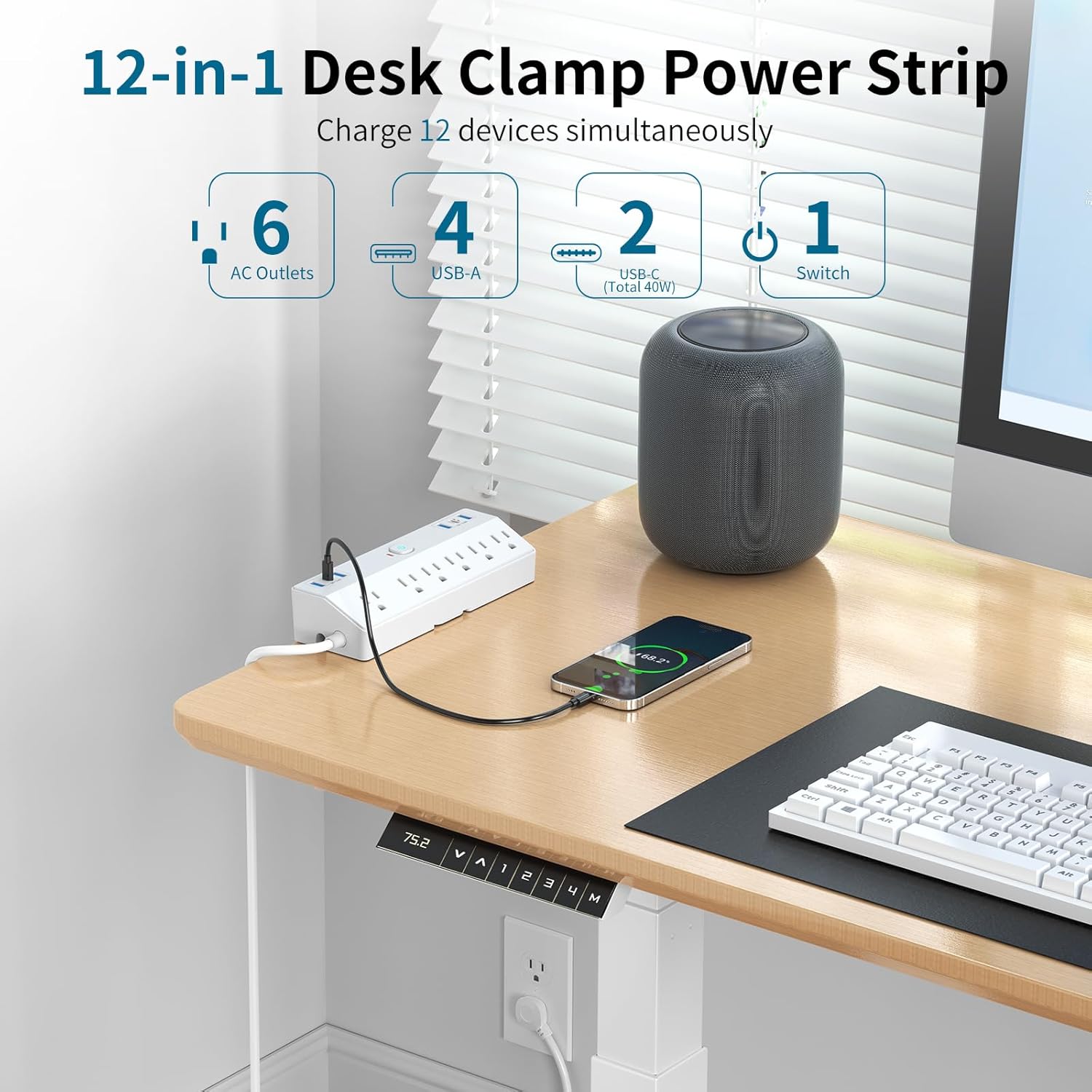 40W Fast Charging Station, Desk Clamp Power Strip 10FT Extension Cord, JXGUCAT Removable Desk Mount Flat Plug Power Strip Surge Protector, 2 USB-C Ports, 6 Outlets, Fits 1.8" Tabletop Edge