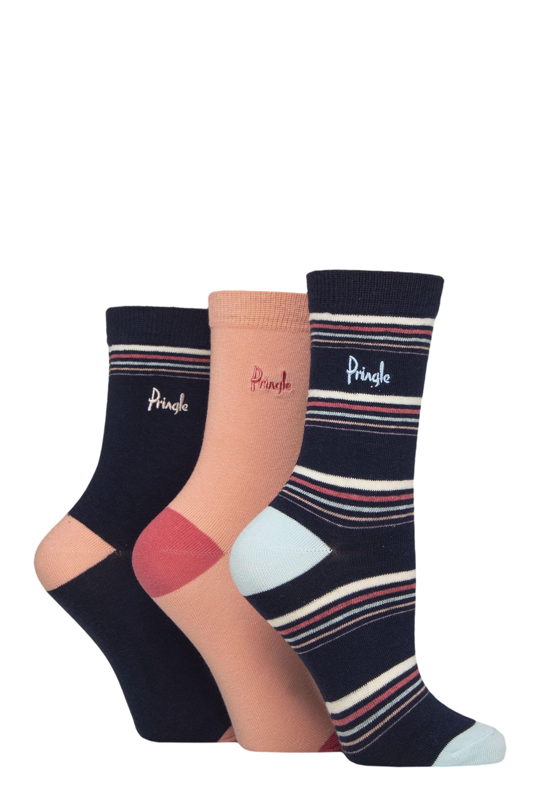 Pringle of Scotland Ladies Patterned Cotton Socks Pack of 3 (UK, Numeric, 4, 8, Regular, Regular, Navy Thin Stripe)