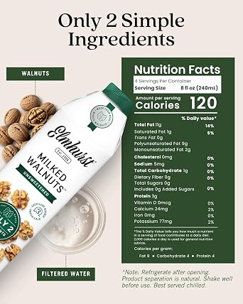 Elmhurst 1925 Unsweetened Walnut Milk - 32 Ounce (Pack of 6) Dairy-Free, Gluten-Free, Vegan, Kosher, Shelf Stable Milk Made with Water & Walnuts for Healthier, Simpler Plant-Based Alternatives