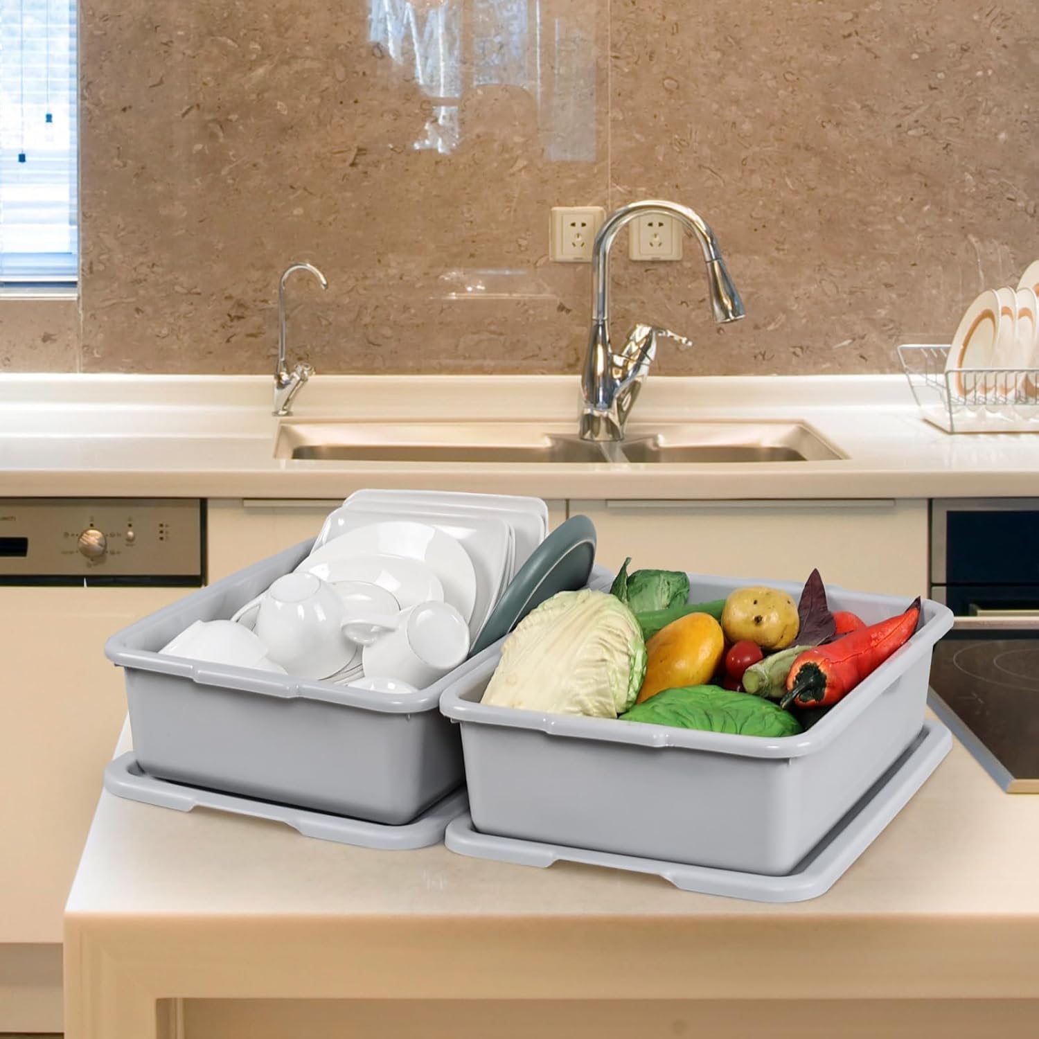 Kiddream 13L Bus Totes with Lid, Plastic Dish Tub, Restaurant Bus Tray, Grey, 12 Pack
