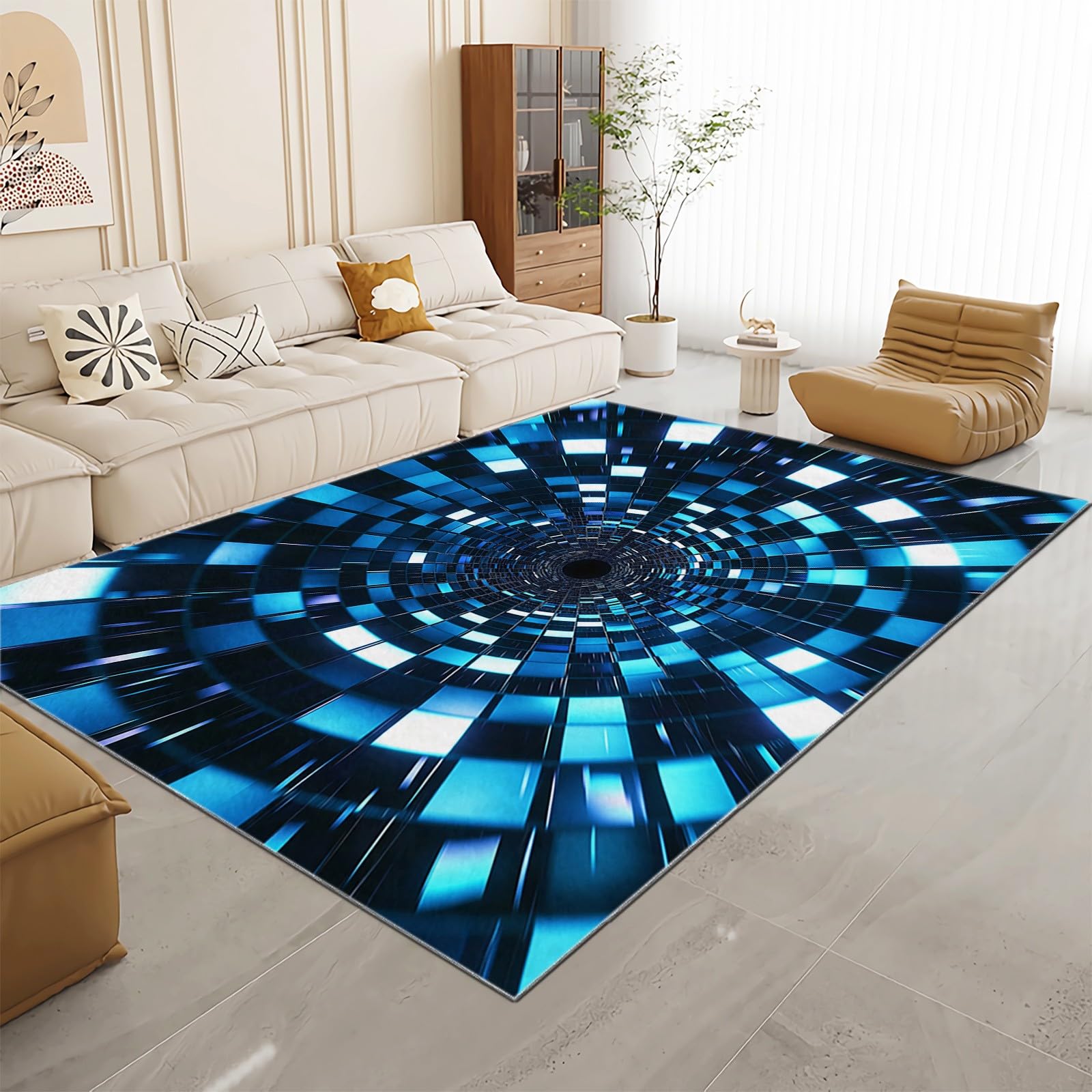 Tapis Doux et Confortable Antidérapant Tapis Lavable en Machine Carpettes 160x230cm Tunnel Effet Trompe L'œIl 3D Tapis à Poil Court de Salon, Salle à Manger Chambre à Coucher, Bleu