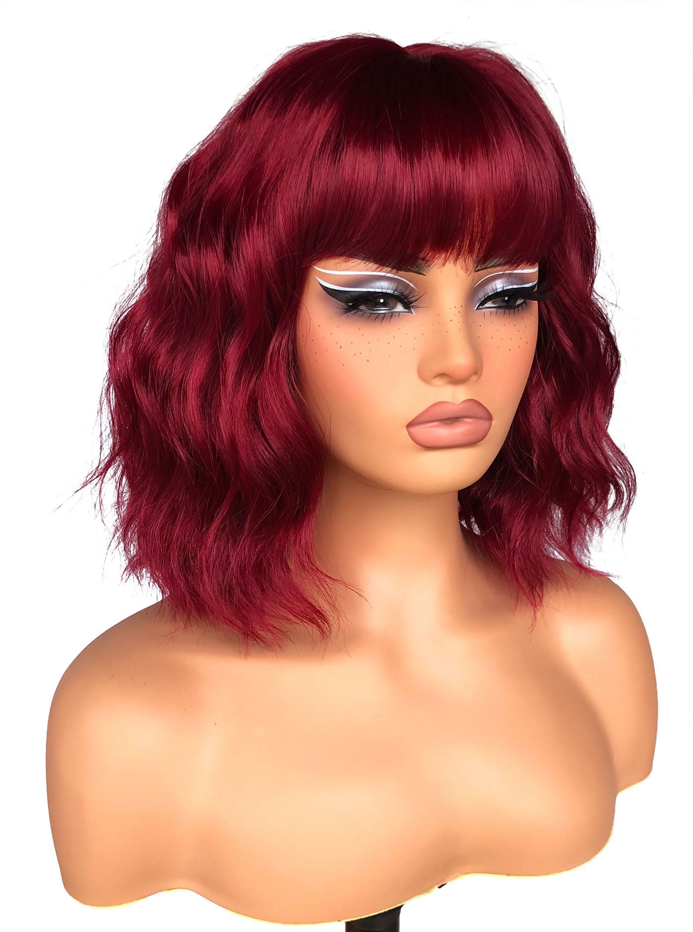 ISAMY Short Bob Wigs With Air Bangs Shoulder Length Women's Wig Bob Curly Wavy Synthetic Cosplay Wig for Girls Daily Use Colorful Wigs (Red) - Image 3