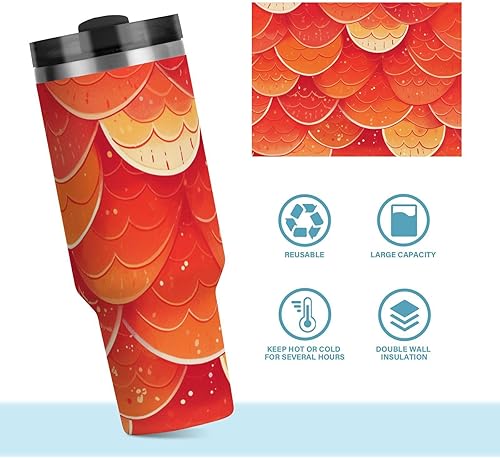 Miniatura 8 de Red Fish Scale - Botella de agua reutilizable al vacío de 40 onzas con tapa a prueba de fugas y popote decorativo para campamento, agua, té helado o