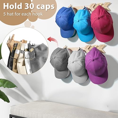 Miniatura 2 de HYDERMUS Perchero para 30 gorras de béisbol, paquete de 2 unidades, organizador de sombreros de flecha de madera rústica, almacenamiento para pared,