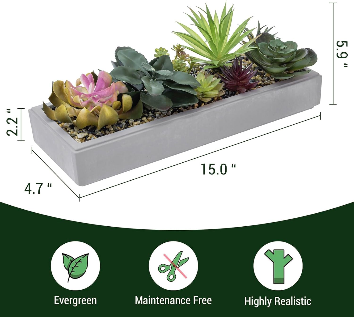 MyGift 15 Inch Mixed Color Assorted Artificial Succulent Plant Arrangement in Modern Gray Clay Planter Tray - Image 5