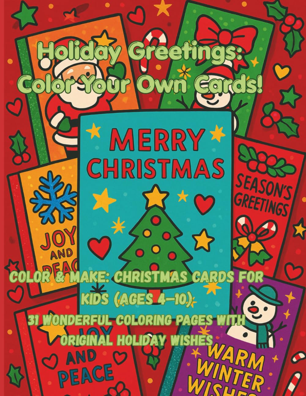 Holiday Greetings: Color Your Own Cards! 31 Fun Christmas Designs with Original Holiday Wishes for Kids Ages 4–10: Color, Cut Out, and Share Christmas Cards with Family and Friends