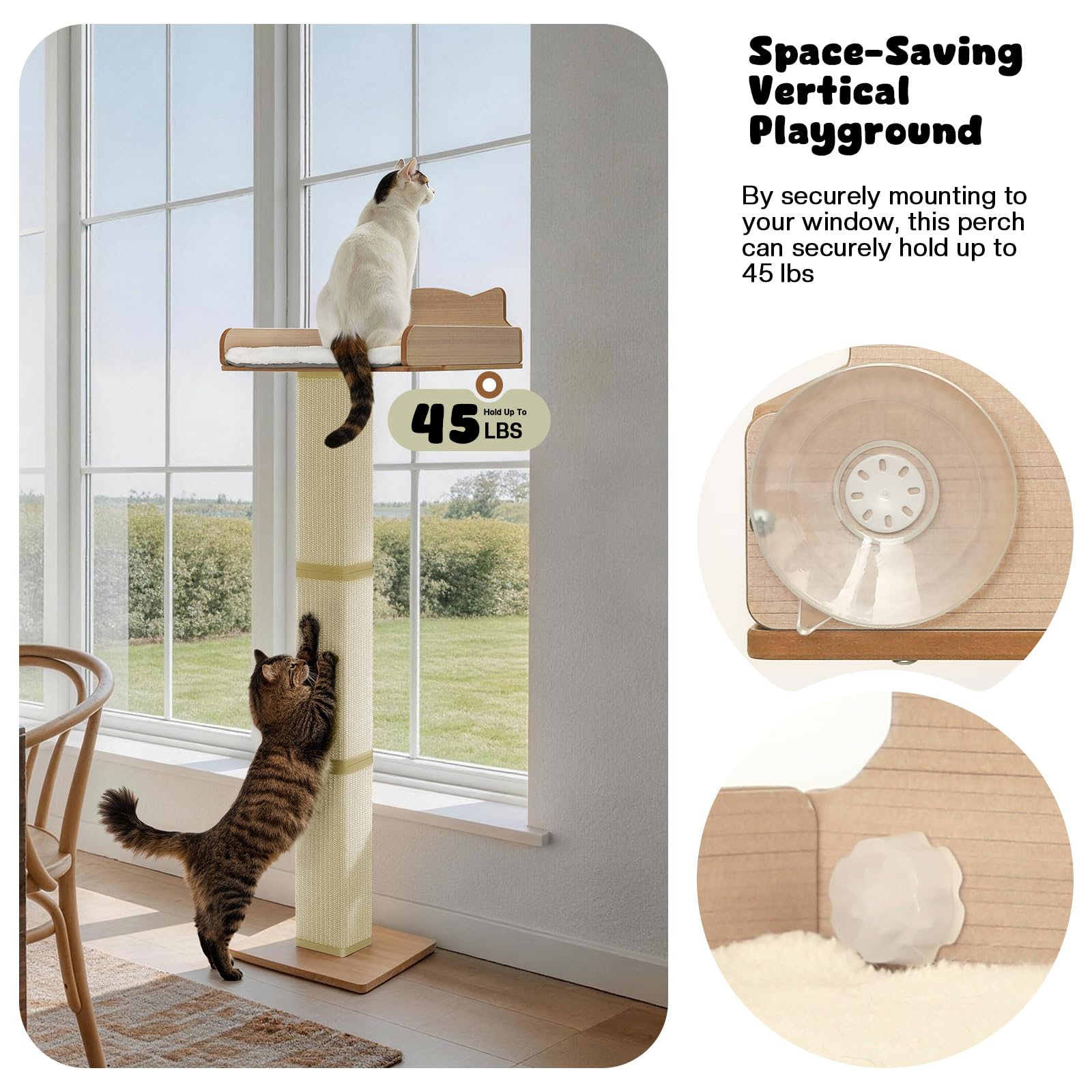 Percha para ventana para gatos con poste rascador de sisal grueso, hamaca para gatos para ventana, poste rascador ajustable de 53.5 pulgadas para gatos con 2 ventosas mejoradas, cama de ventana para