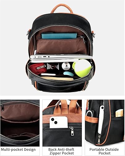 Miniatura 4 de FADEON Mochila de cuero para mujer, mochilas de moda, múltiples bolsillos de diseño, bolsos de hombro para mujer, L-Negro Con Marrón Estilo Retro,