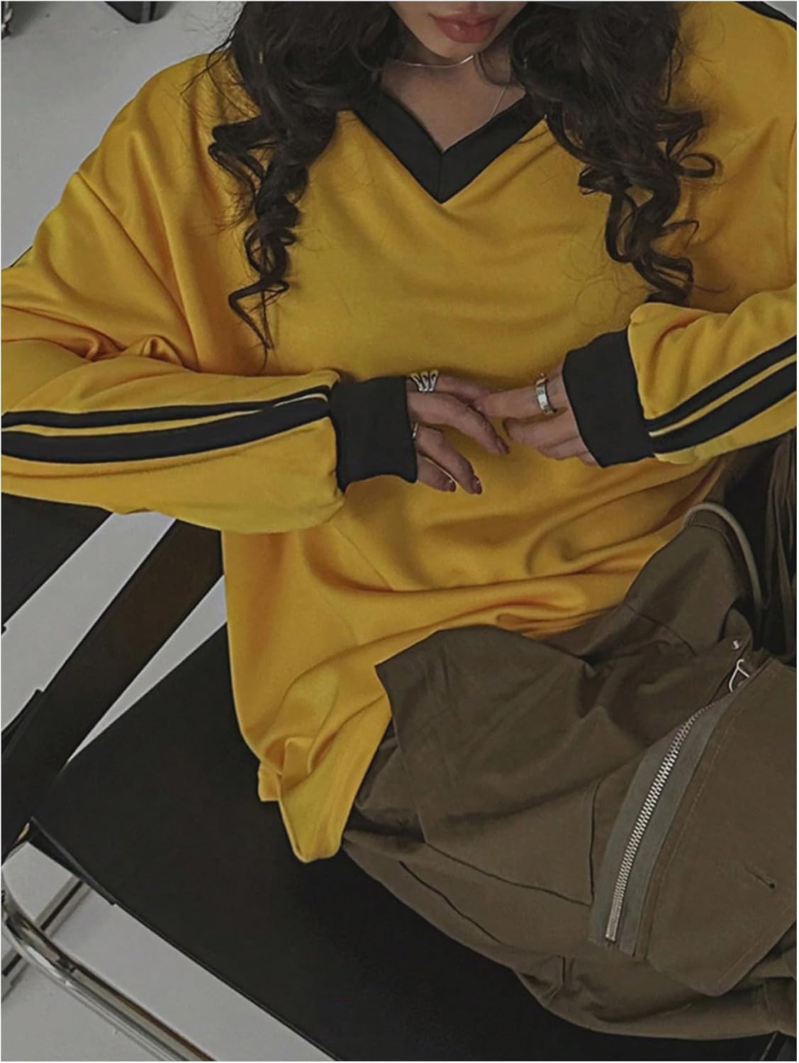 OYOANGLE Women's Side Striped Long Sleeve Oversized Tshirts Y2K Collared V Neck Drop Shoulder Fall Tops - Image 4