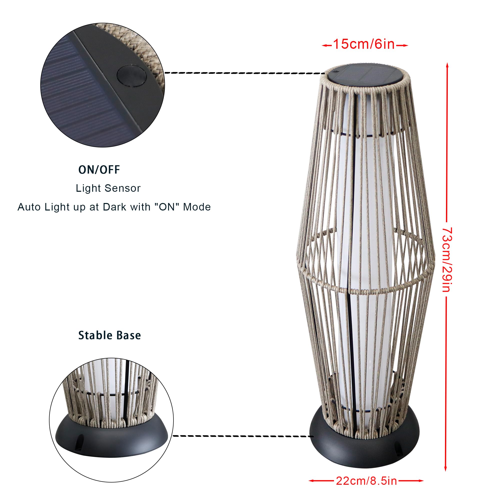 TRIROCKS Lampada da terra solare per esterni, 2 pezzi, lanterna a energia solare, in vimini, con corda Olifen, impermeabile, in rattan, luce a LED per veranda, cortile, sentiero, terrazza, giardino