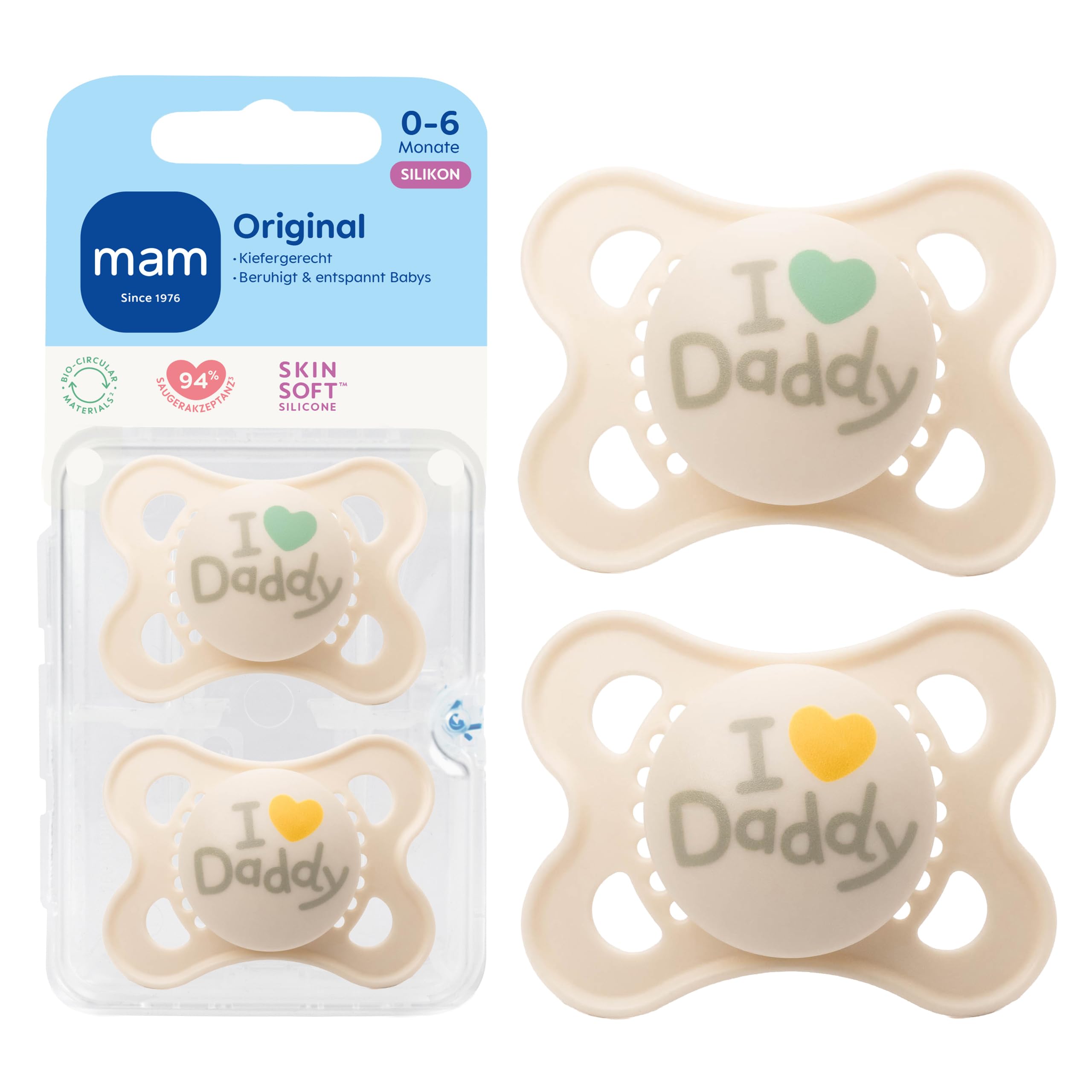 MAM Original Schnuller, 0-6 Monate, Daddy/Beige, 2 Stück | Leuchtet im Dunkeln, Stillfreundlich, Zahnfreundliches Design, SkinSoft Silikon, Inkl. Sterilisierbox