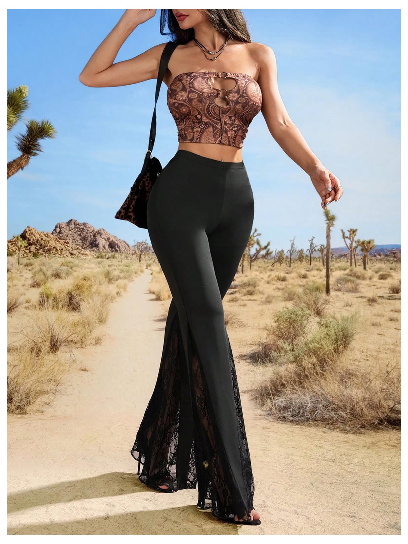 Floerns Women's Floral Lace Pants Going Out Flare Elegant Dress Casual Trousers