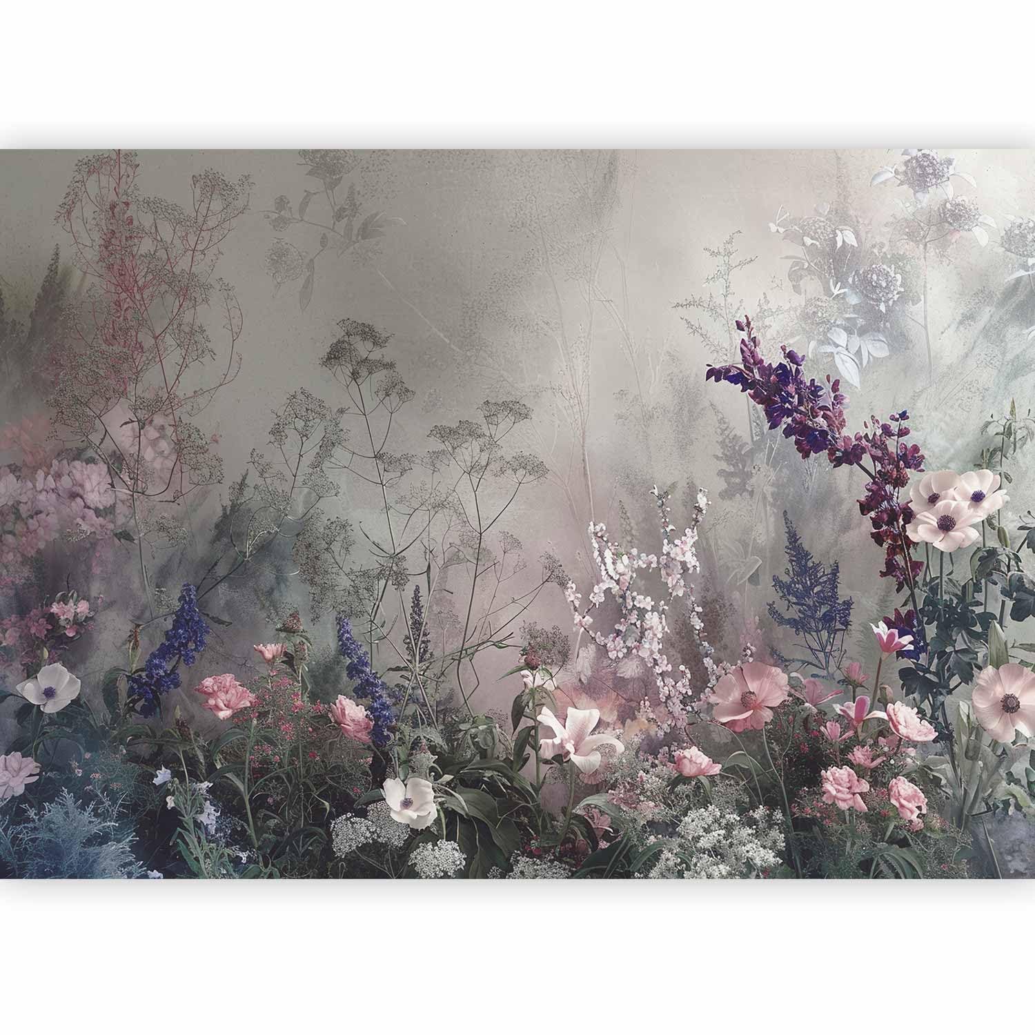 Papier peint panoramique 350x256 jardin brumeux fleurs délicates