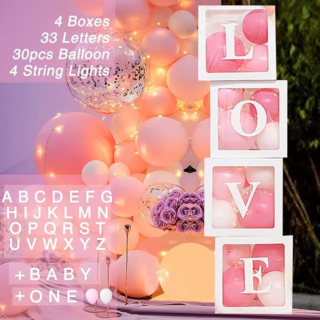 Balloons Decorations Boxes,71Pcs Shower Decorations set, 30 Party Balloons (Pink & White), 4 Shower Boxes , 4 String Lights, 33 Letters DIY Name Combination for Birthday Party
