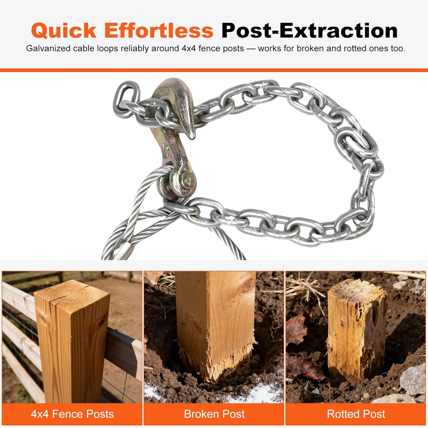 Fence Post Remover Tool, Fence Post Puller Chain with Aircraft Cable, Wood Fence Post Puller Works with Jack or Lever to Extract 4x4 Posts, Heavy Duty Labor-Saving Stump Puller for Broken Rotten Posts
