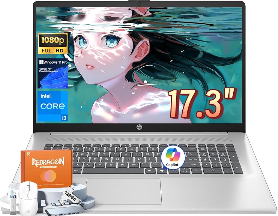 HP 17 Inch Laptop Computer for Students and Business, Intel 8-Core Processor, 17.3" FHD IPS Display, 8GB RAM, 512GB SSD, Intel UHD Graphics, Fast Charge, WiFi 6, BT 5.4, Windows 11, W/Accessories