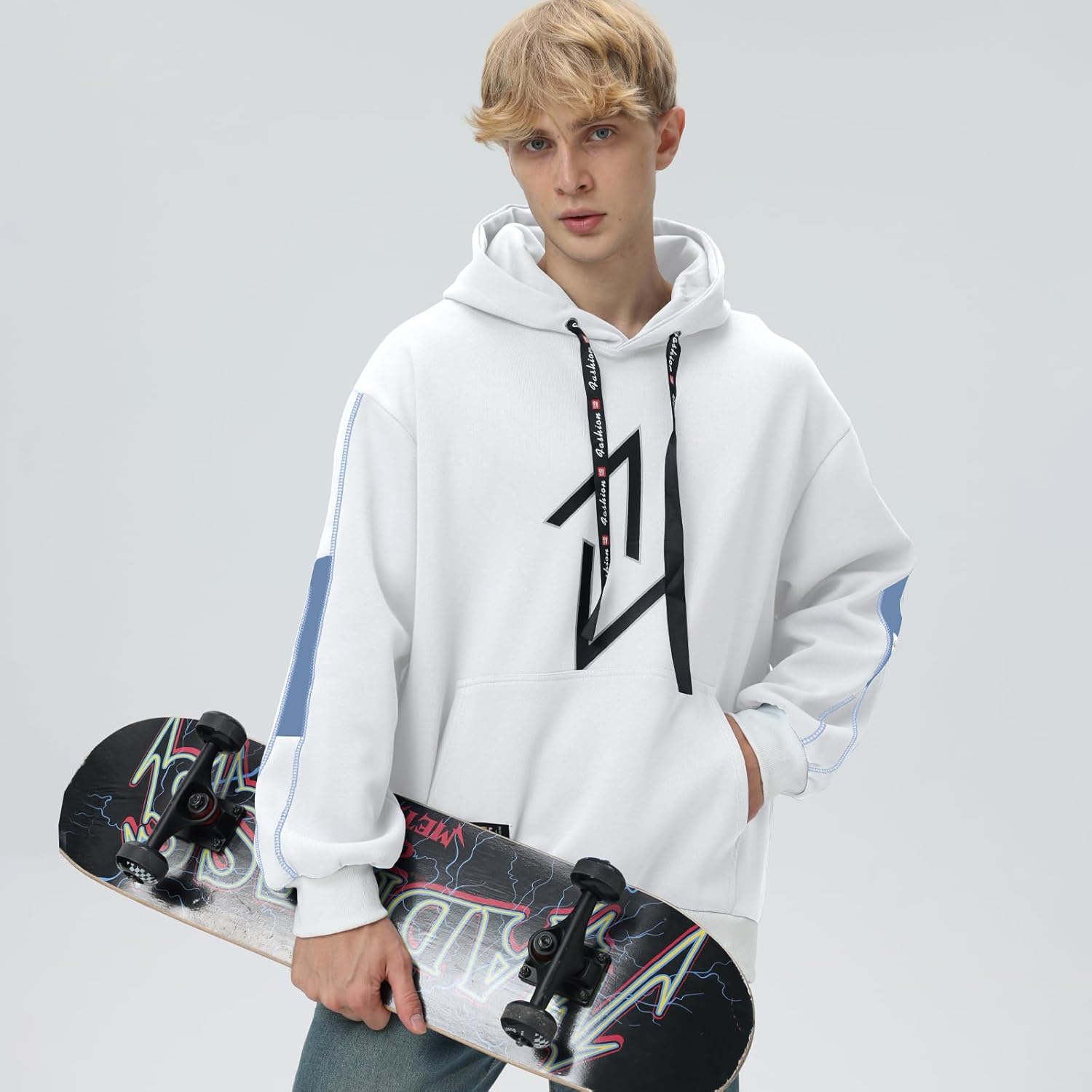 Men's Hoodie Patchwork Contrast Color Hoodies Casual Baggy Sweatshirt Pullover - Image 4