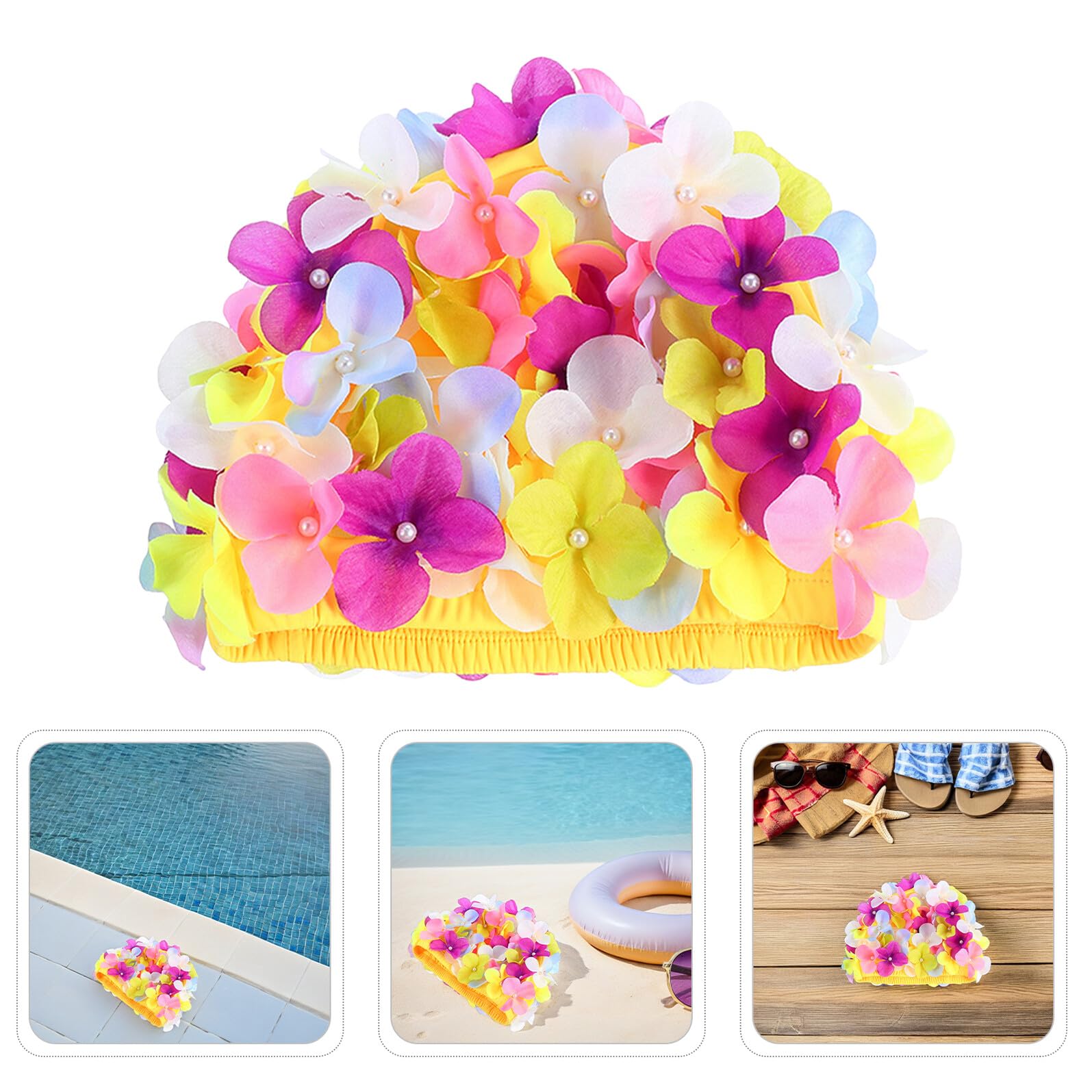 Cuffia Piscina Donna Fiori Festa Estiva 3 Pezzi in Chinlon | Petali dal Design Retrò, Vestibilità Comoda per Chioma Lunghi, e Minore Resistenza in Acqua