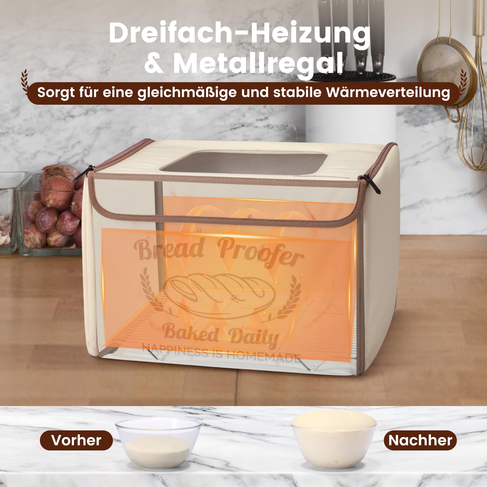 Faltbare Gärbox mit Temperaturregelung 20–40°C & 48h-Timer, Teiggärbox mit Metallregal und Hygrometer, ideal für Sauerteig, Brot, Pizza, Joghurt und Kombucha, Platzsparend & Präzise Kontrolle
