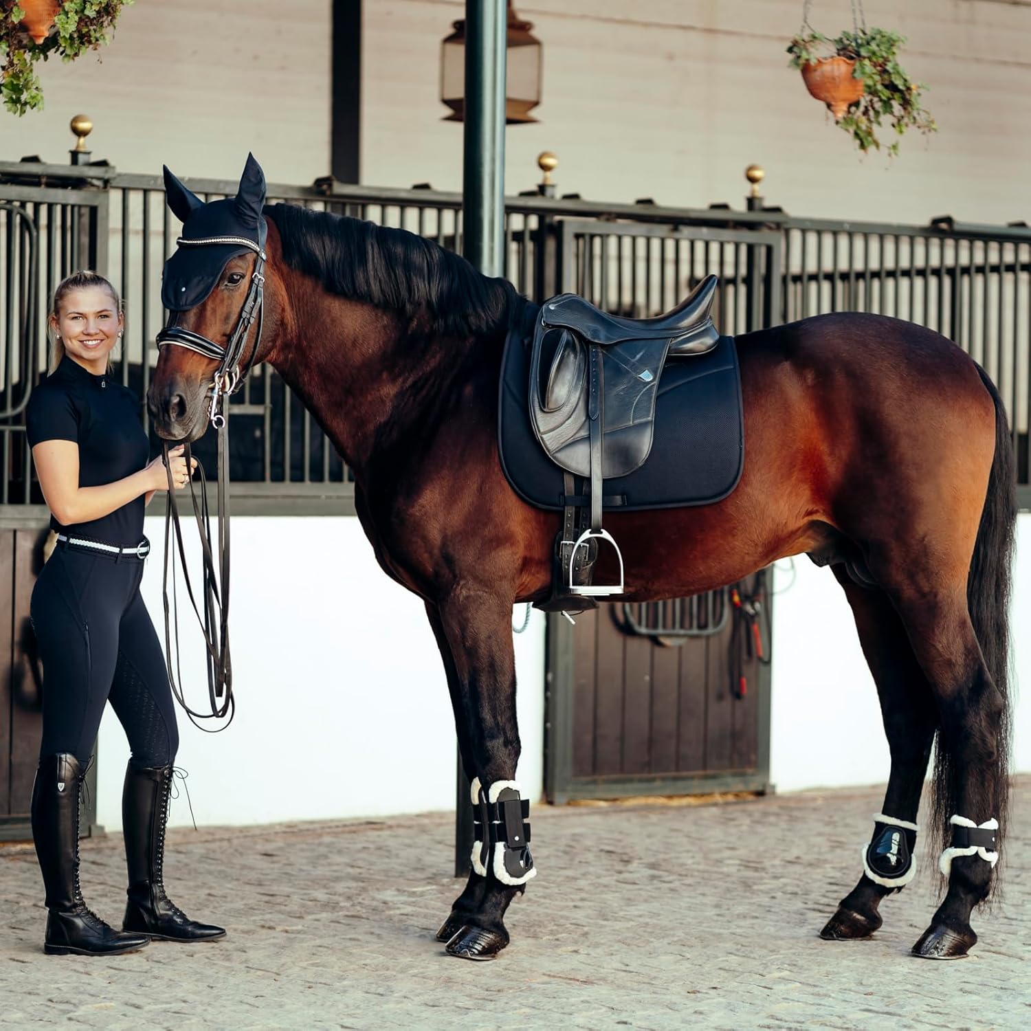 HORZE Phoenix Crochet Deep Front Horse Ear Net with Lycra Ear Covers - Dark Navy - Pony