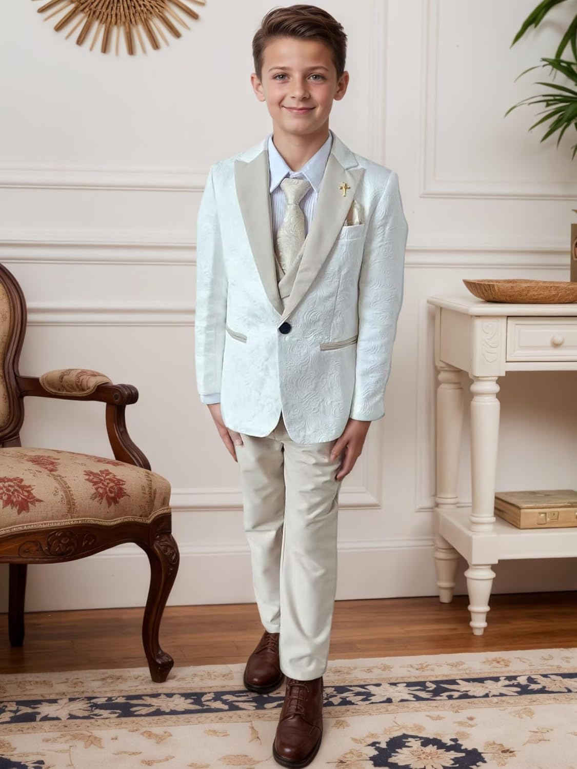 Boys Suit 3 Piece Kids Tuxedo Suits for Boys Jacquard Slim Fit Suit Toddler Suits for Wedding Prom Blazer Vest Pants
