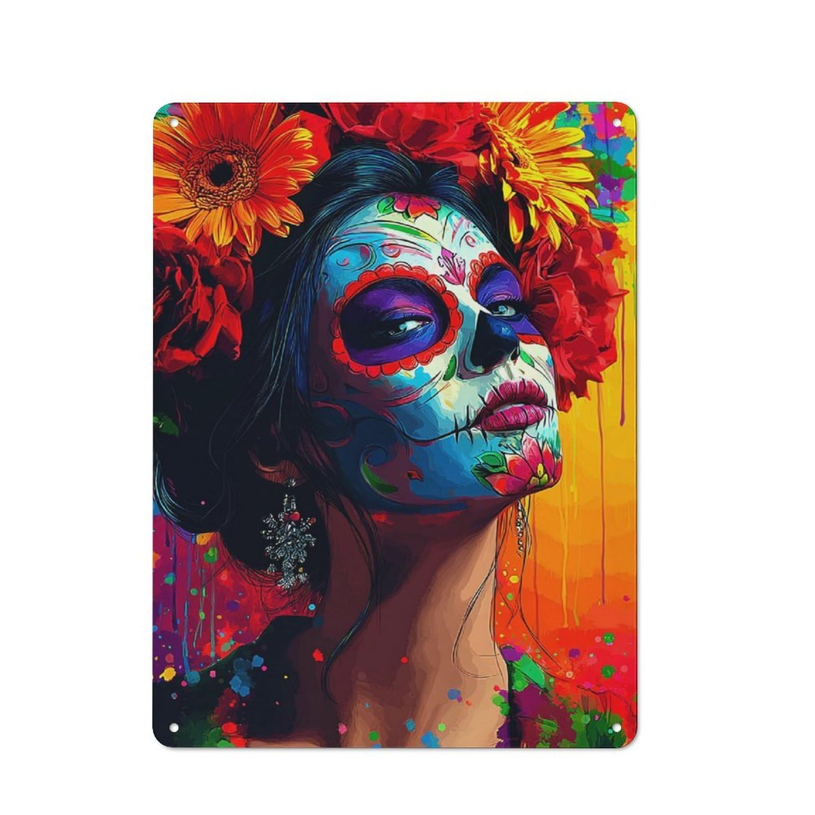 Junmoney Colorful Sugar Skull Portrait With Flowers Tin Wall Plaque 40X30cm With For Hallway Wall, Suited To Wall Displays In Hallways And Entrance Areas