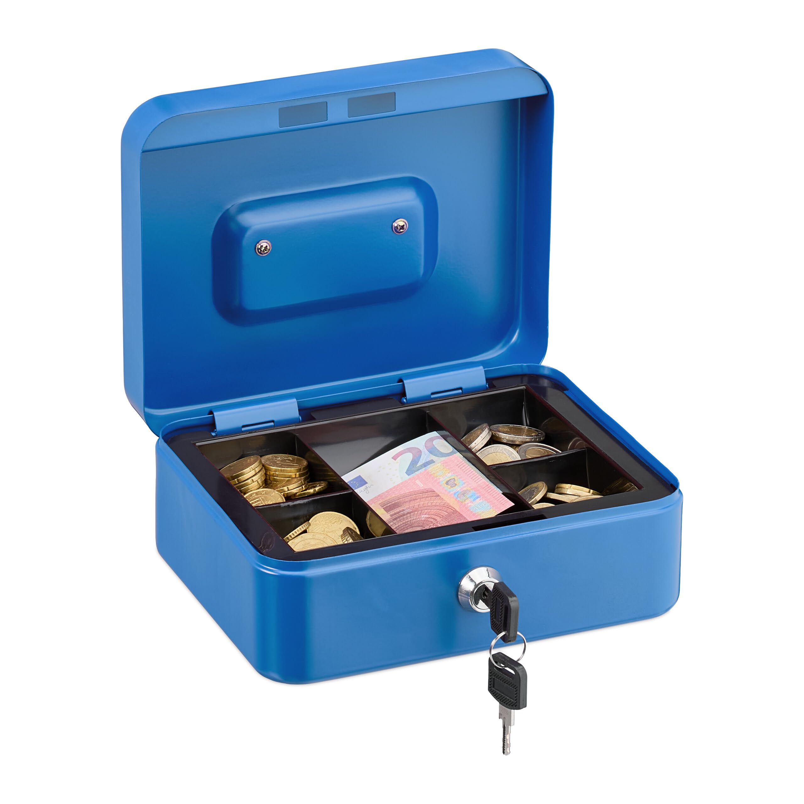 Relaxdays Cash box lockable, removable insert, 5 compartments, iron money box, HxWxD: 8.5 x 20 x 17 cm, blue