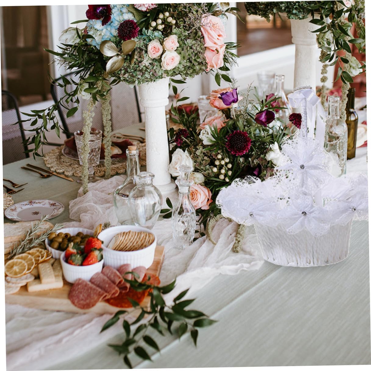 DOITOOL Wedding Flower Girl Basket with Pearls and Rhinestone Bow White Delicate Flower Basket for Wedding Ceremony for Bridal Party Supplies
