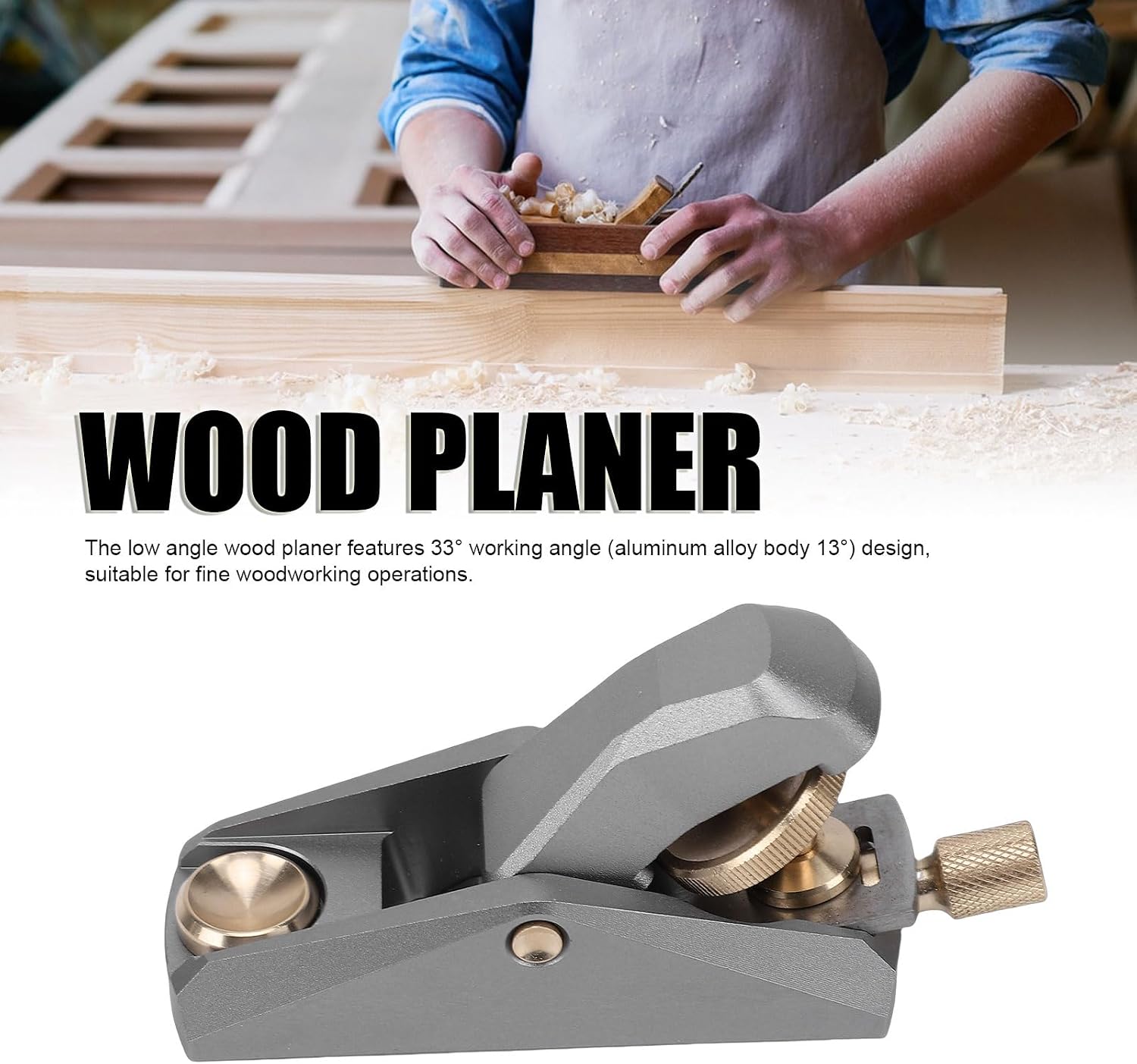 Low Angle Wood Planer, Aluminum Alloy and Brass Hand Plane for Woodworking with 22mm and Ergonomic Handle, 33 Degree Working Angle for Trimming and Chamfering