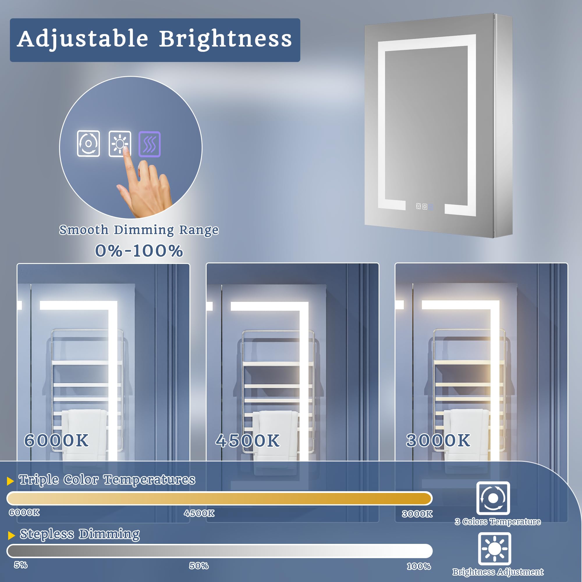 ExBrite LED Lighted Bathroom Medicine Cabinet with Mirror, 24 x 30 Inch, Recessed or Surface led Medicine Cabinet, Defog, Stepless Dimming,Color Temper Change, 2 Outlets,Storage Shelves,Right Hinge