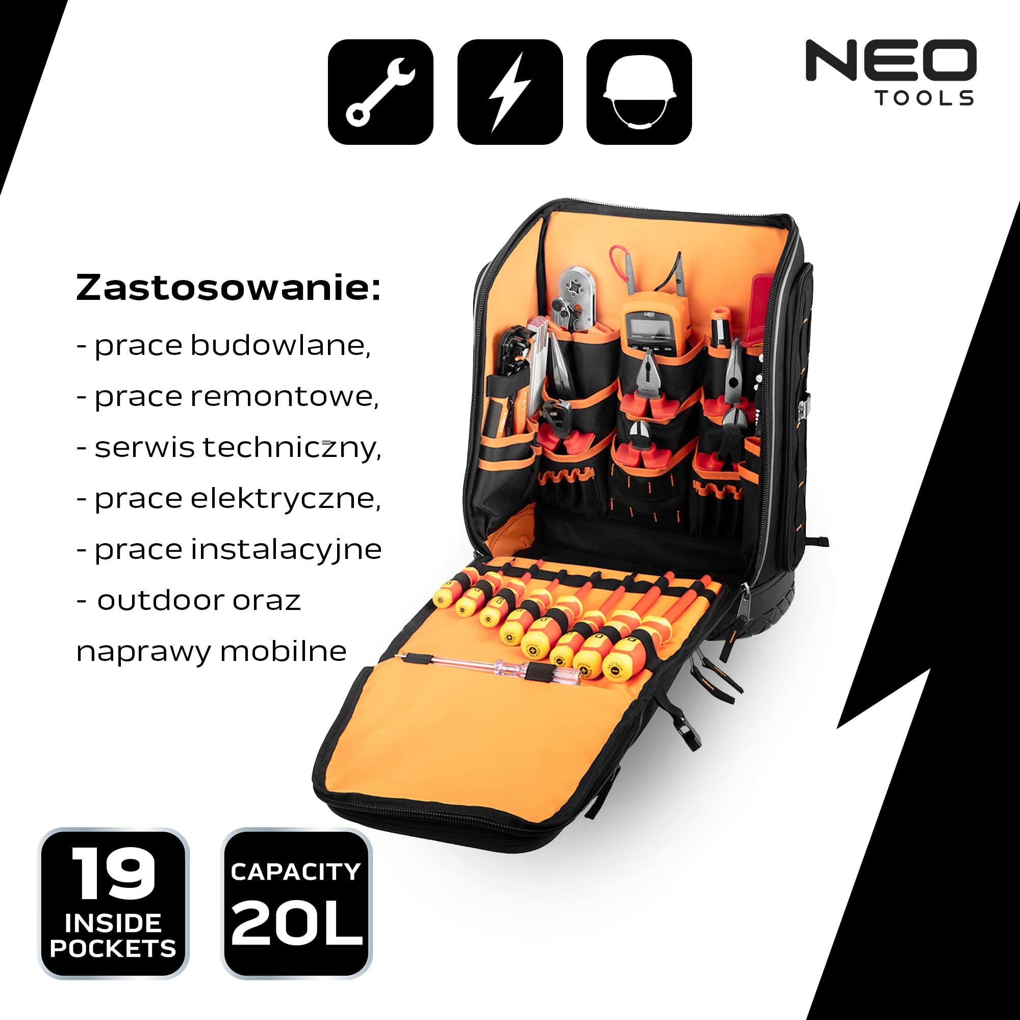 NEO TOOLS Plecak na Narzędzia dla Elektryka, 31-Częściowy Zestaw, 26 Kieszeni, Mobilny i Trwały